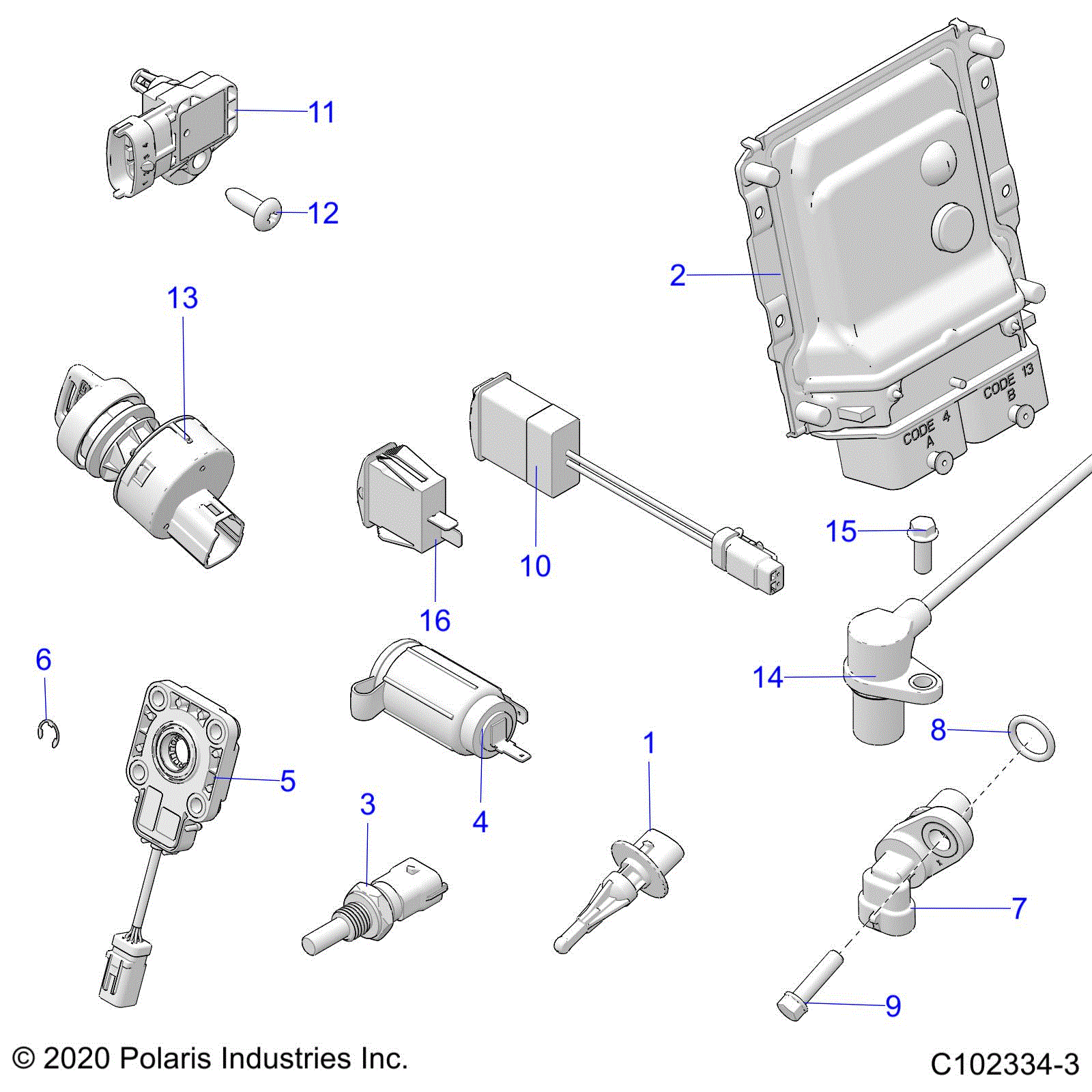 An Image of a Genuine Polaris Parts Schematic Diagram showing the schematic - ELECTRICAL: SWITCHES SENSORS ECU and CONTROL MODULES - 2024 POLARIS SCRAMBLER XP 1000 55" 49S