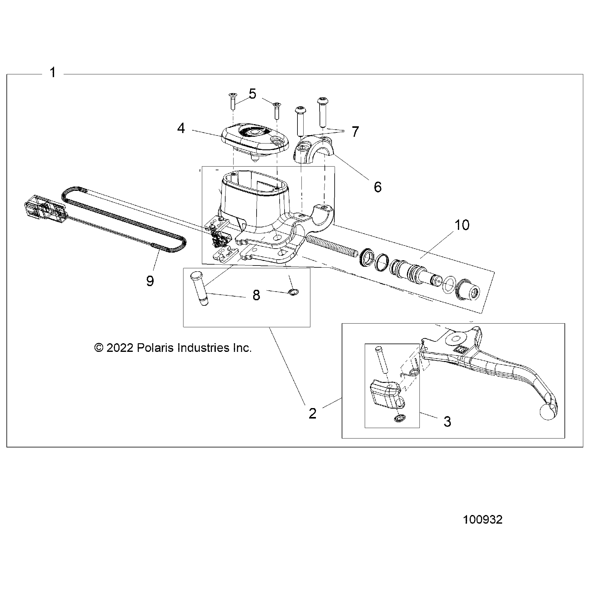 An Image of a Genuine Polaris Parts Schematic Diagram showing the schematic - BRAKES: FRONT BRAKE LEVER and MASTER CYLINDER - 2025 POLARIS SPORTSMAN 850 EPS ULTIMATE TRAIL 49 48"