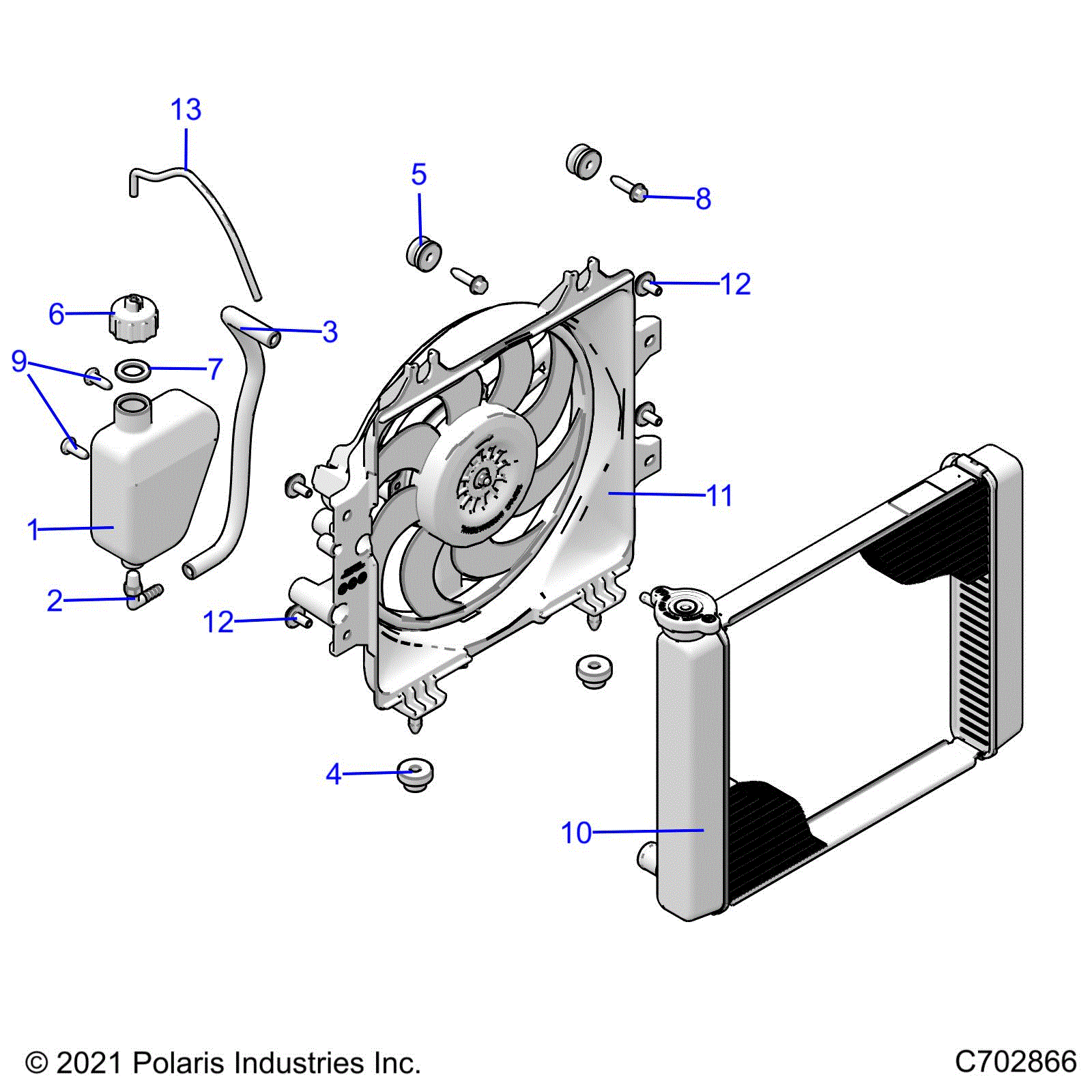 An Image of a Genuine Polaris Parts Schematic Diagram showing the schematic - ENGINE: COOLING SYSTEM RADIATOR FAN & OVERFLOW BOTTLE - 2025 POLARIS SPORTSMAN TOURING 570 EPS
