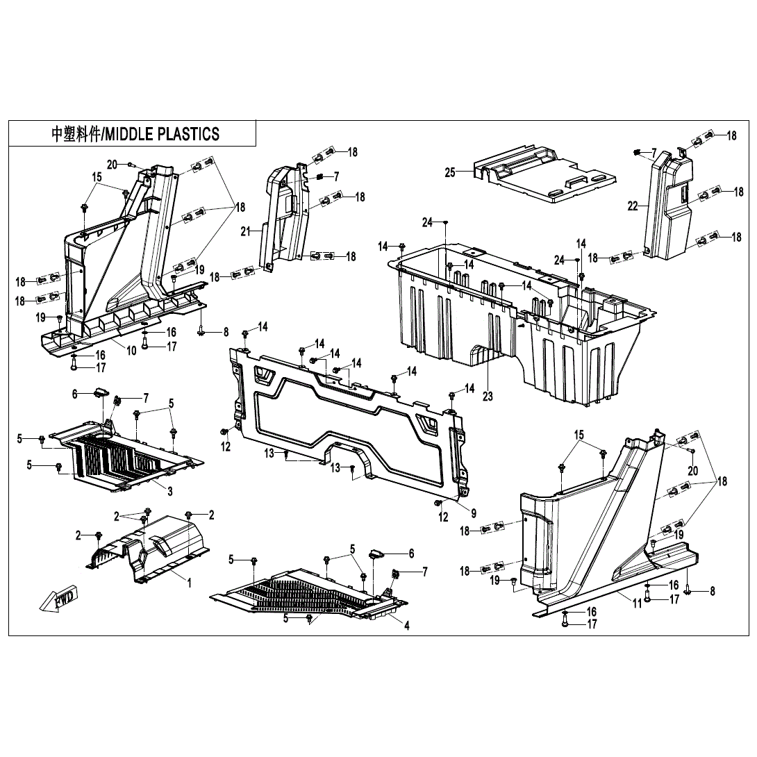 An Image of a Genuine CFMOTO Parts Schematic Diagram showing the schematic - MIDDLE PLASTICS - 2025 CFMOTO UFORCE 1000 XL