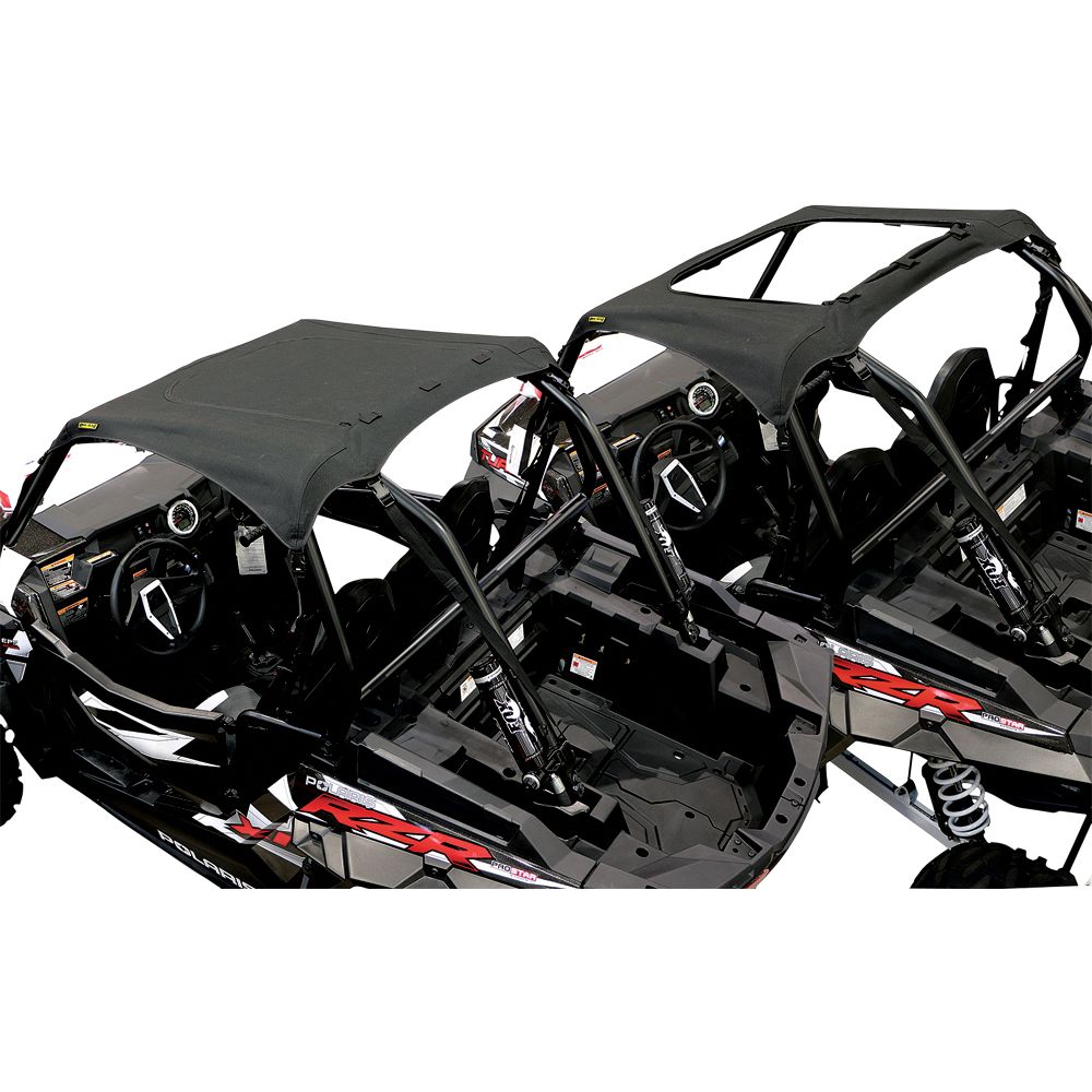 Two black off-road vehicles with open sides and roll cages, each equipped with a Polaris RZR XP/900/1000 Soft Top With Sun Roof by Nelson Rigg. The water-resistant polyester tops are shown from an angled overhead view.