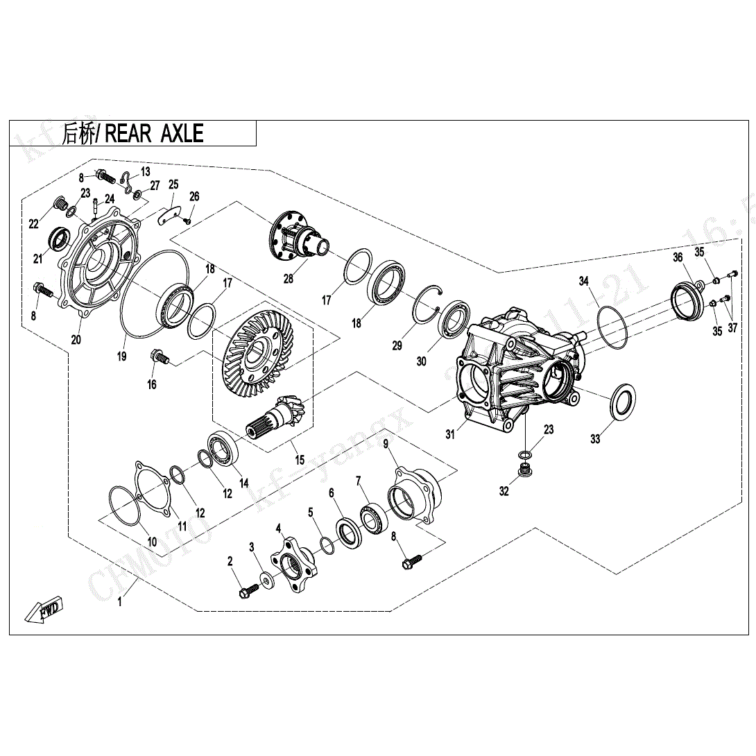 An Image of a genuine CFMOTO Parts Schematic Diagram showing the group - REAR AXLE (WITHOUT DIFFERENTIAL) - 2025 CFMOTO CFORCE 400
