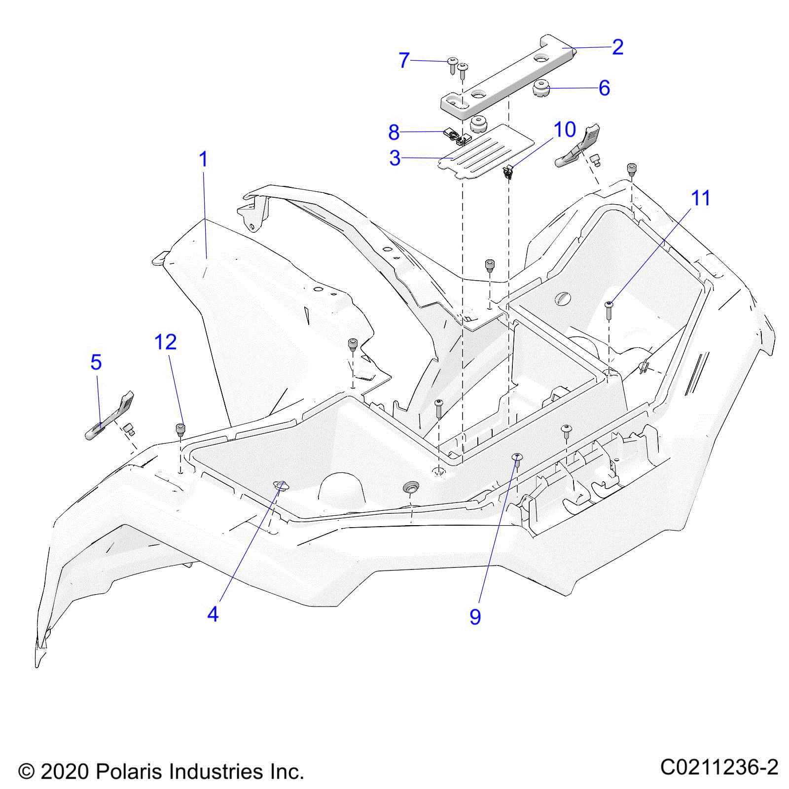 An Image of a Genuine Polaris Parts Schematic Diagram showing the schematic - BODY: FRONT CAB - 2021 POLARIS SPORTSMAN 570 TRAIL