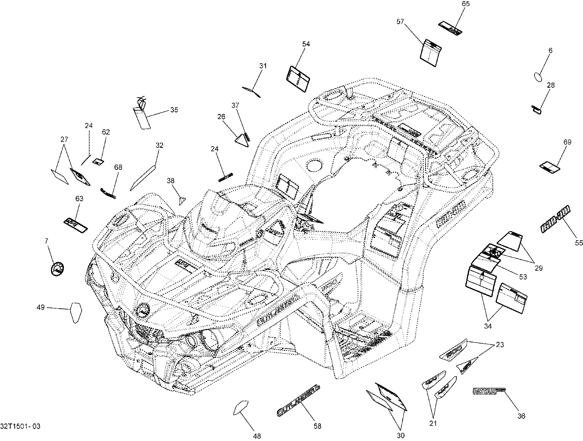 An Image of a Genuine Can-Am Parts Schematic Diagram showing the schematic - DECALS _32T1501