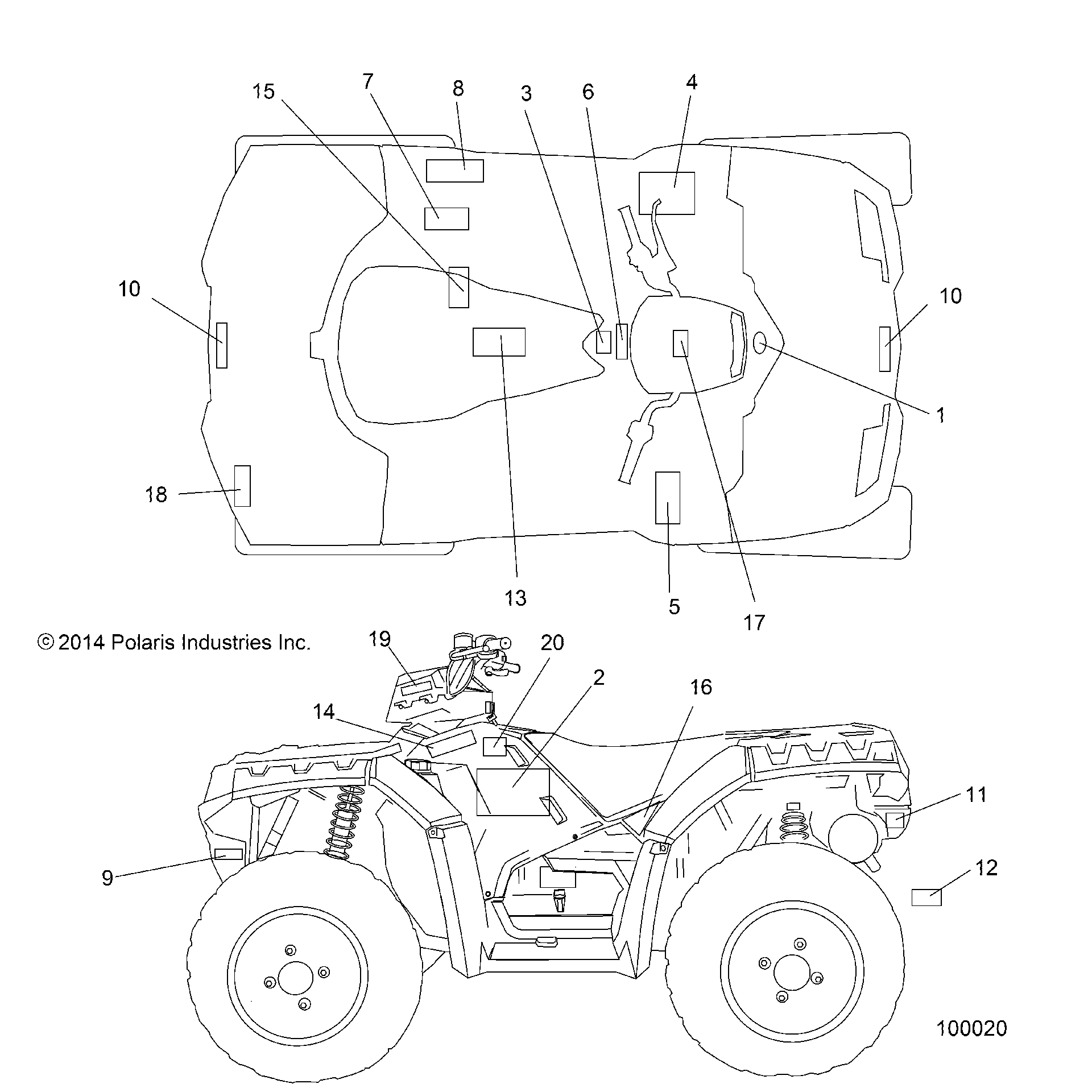 An Image of a Genuine Polaris Parts Schematic Diagram showing the schematic - BODY: DECALS - 2015 POLARIS SPORTSMAN 1000 XP