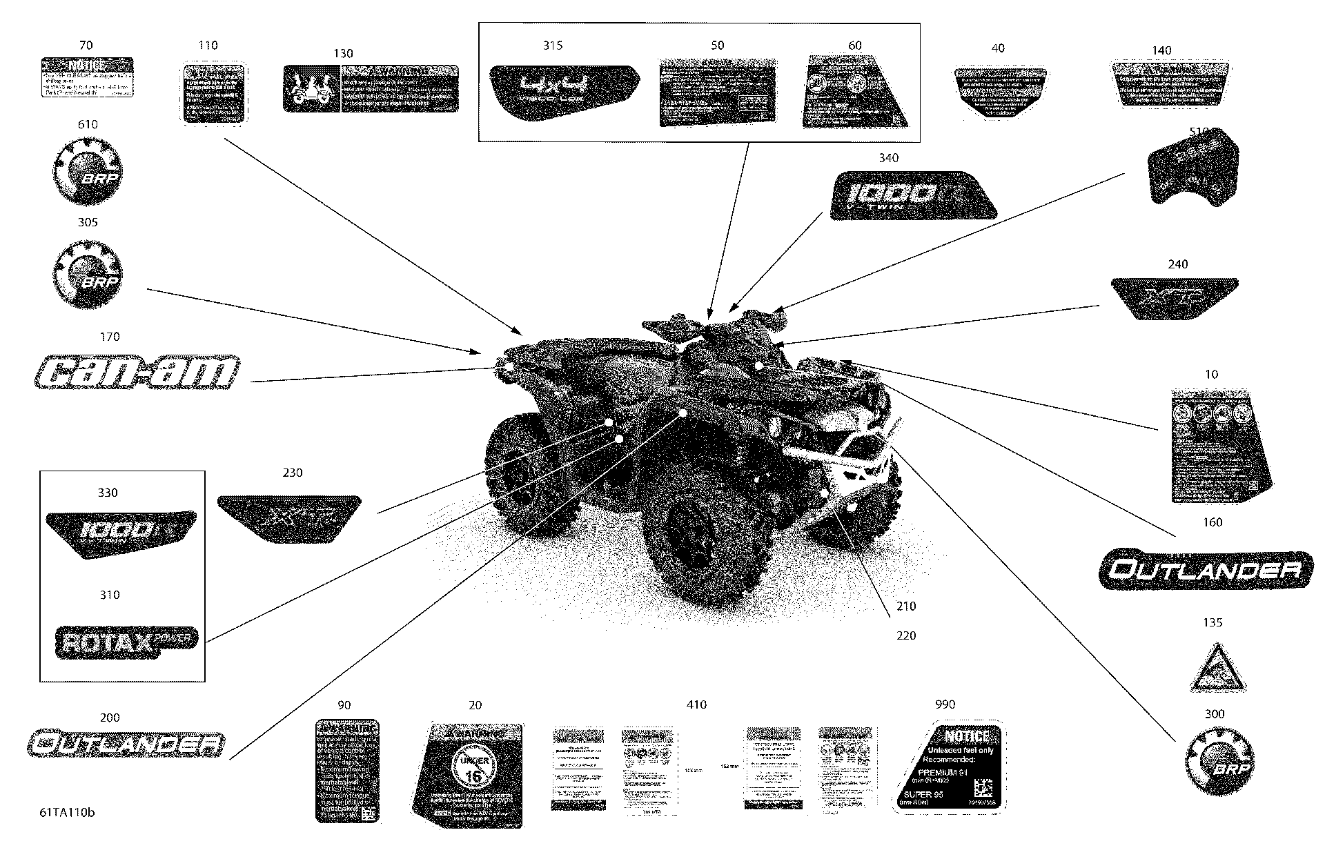 An Image of a Genuine Can-Am Parts Schematic Diagram showing the schematic - BODY - DECALS - XTP - X XC
