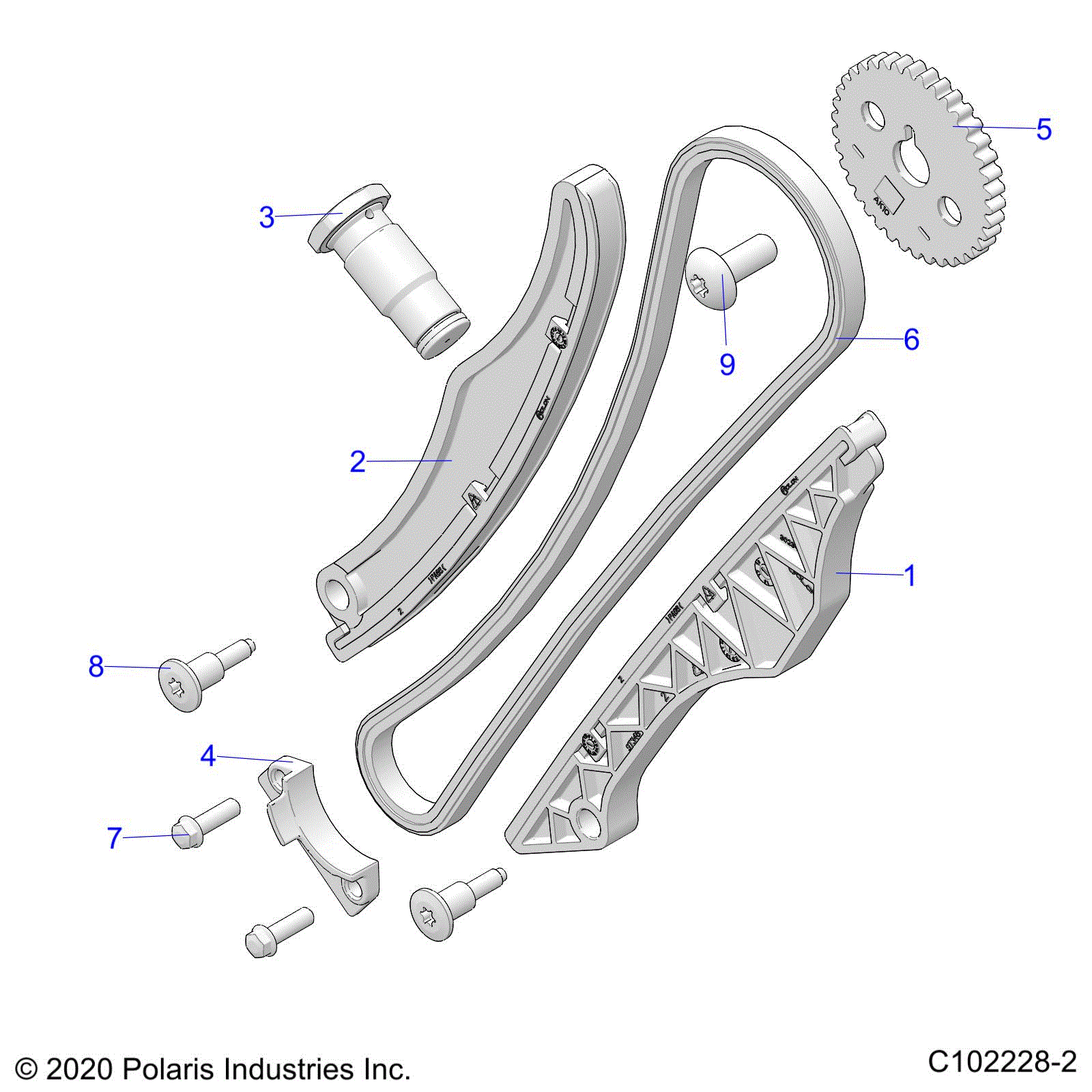 An Image of a Genuine Polaris Parts Schematic Diagram showing the schematic - ENGINE: CAM CHAIN and SPROCKET - 2022 POLARIS SPORTSMAN 450 HO EPS