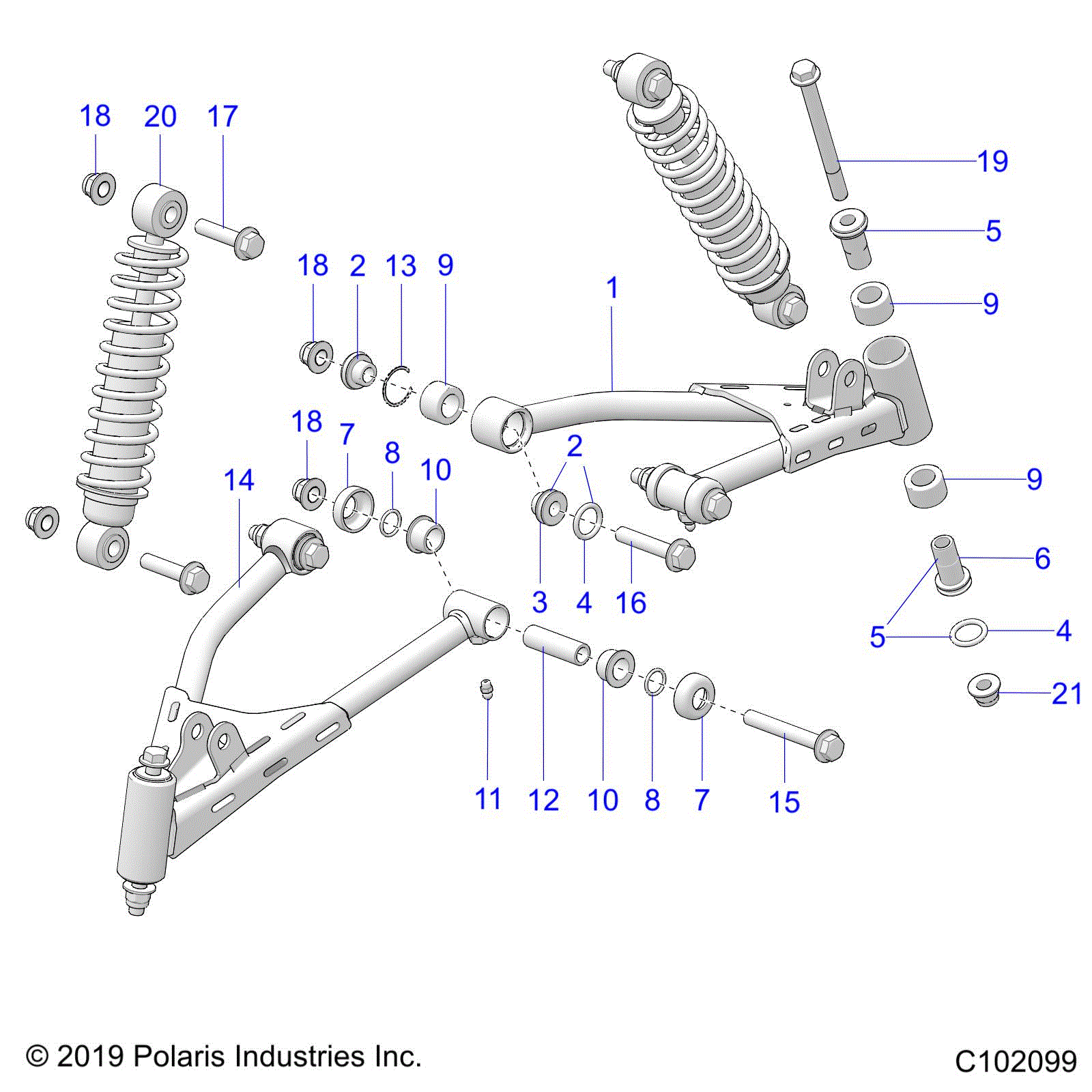 An Image of a Genuine Polaris Parts Schematic Diagram showing the schematic - SUSPENSION: FRONT - 2022 POLARIS OUTLAW 70