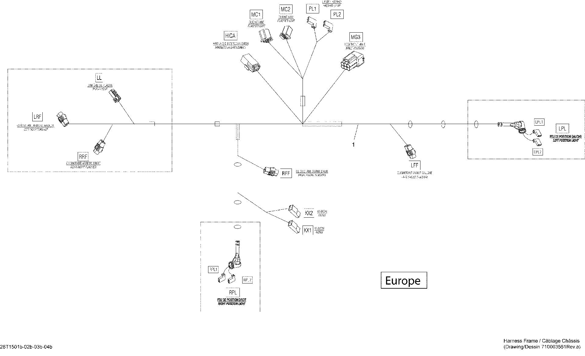 An Image of a Genuine Can-Am Parts Schematic Diagram showing the schematic - ELECTRICAL HARNESS FRAME EUROPE_28T1501B