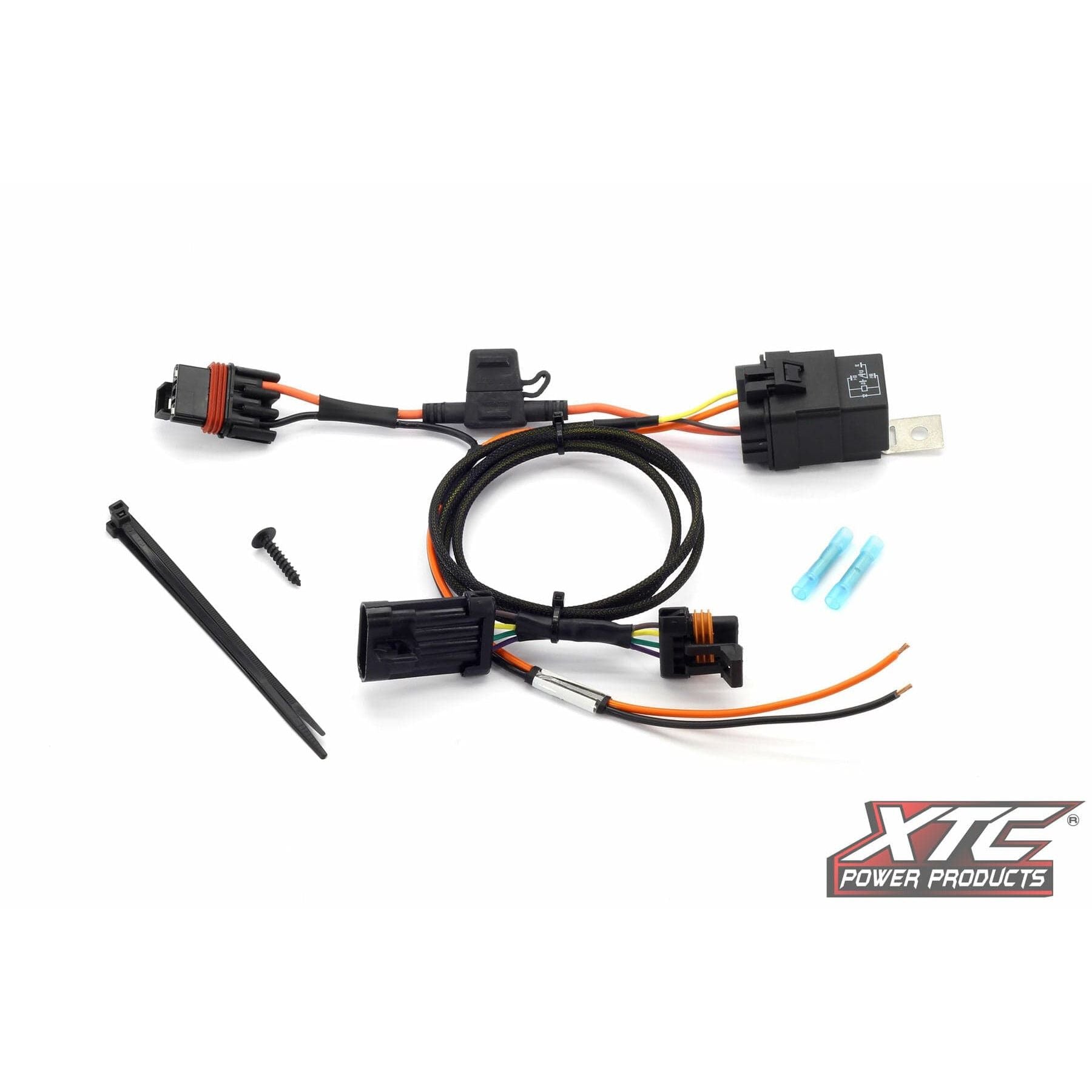 Pulse High Beam Kit Pol By XTC Power includes wiring harness, connectors, high current relay, screw, cable tie, and two blue connectors. Shown on a white background with the XTC Power Products logo. Compatible with Polaris Pulse System or light bars.