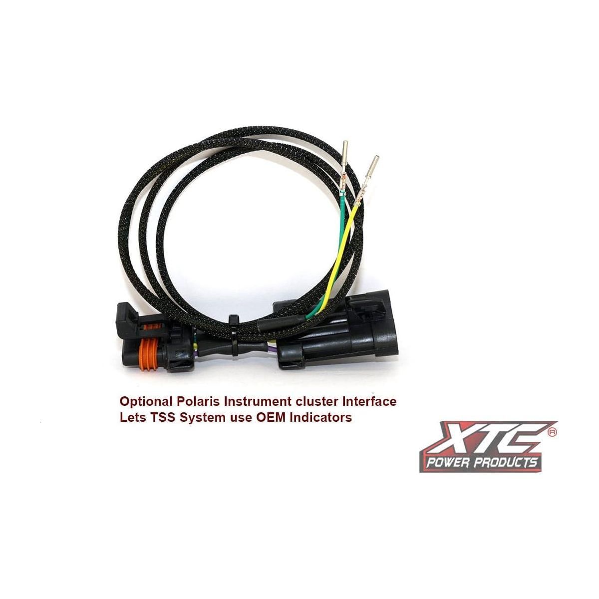 A coiled black wiring harness with a connector and labeled wires is shown on a white background. It’s the Instrument Cluster Pol Tss To Oem by XTC Power, designed as an optional Polaris instrument cluster interface.