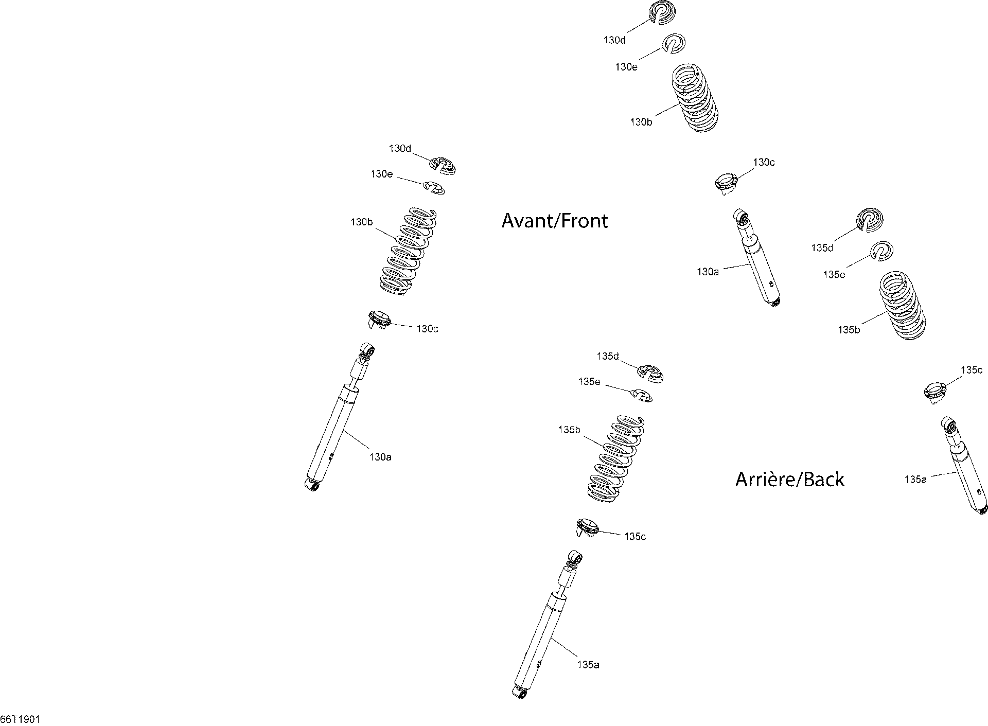 An Image of a Genuine Can-Am Parts Schematic Diagram showing the schematic - SHOCKS - DPS - STD - XT