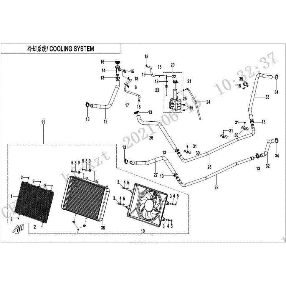 An Image of a Genuine CFMOTO Parts Schematic Diagram showing the schematic - COOLING SYSTEM - 2022 CFMOTO ZFORCE 950 Sport