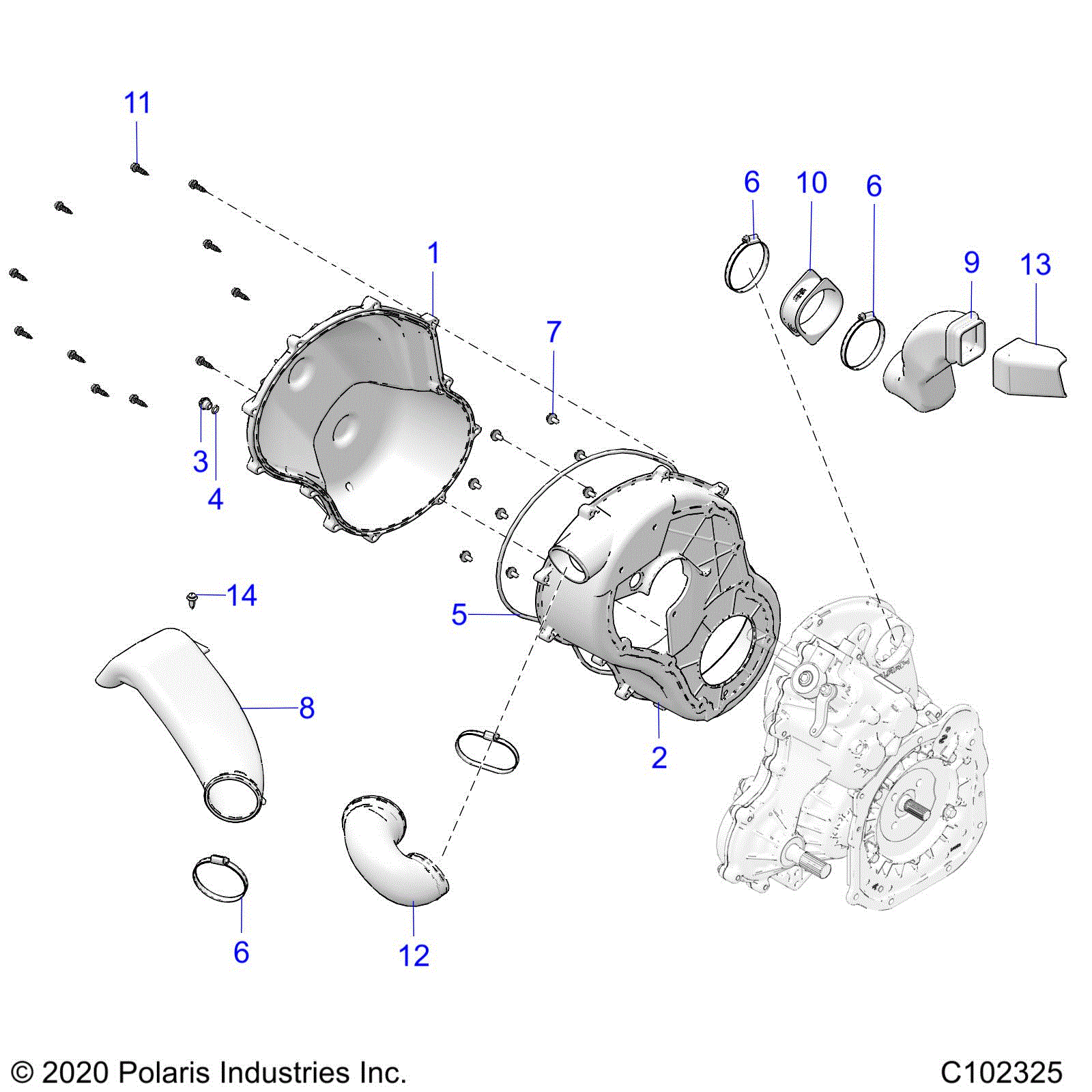 An Image of a Genuine Polaris Parts Schematic Diagram showing the schematic - BODY: CLUTCH COVER - 2025 POLARIS SPORTSMAN 1000 48" LE RIDE COMMAND