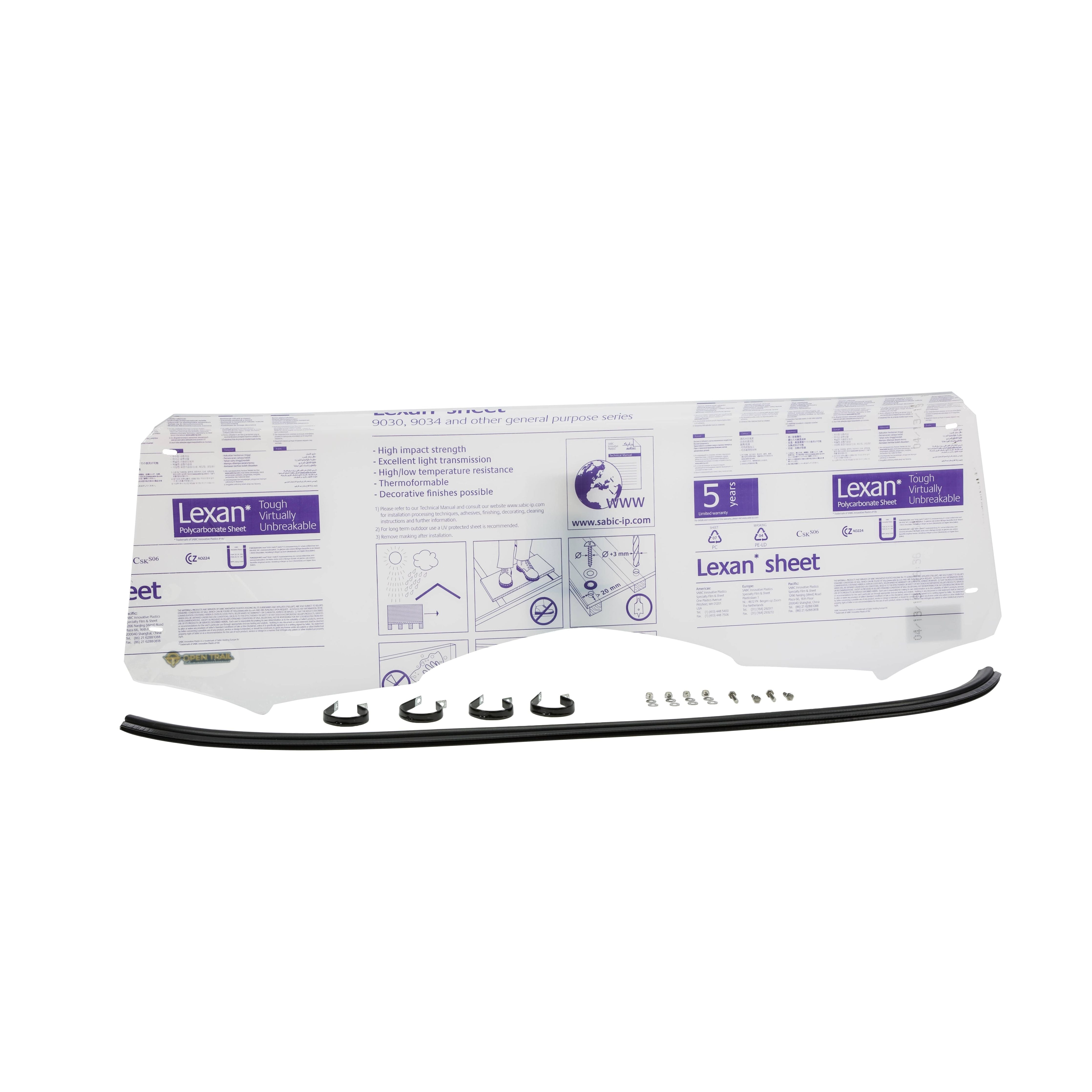 The Half Windshield by Open Trail, made from clear Makrolon polycarbonate, comes with protective film, mounting hardware, screws, and a rubber seal for high-strength protection and is displayed on a white background.