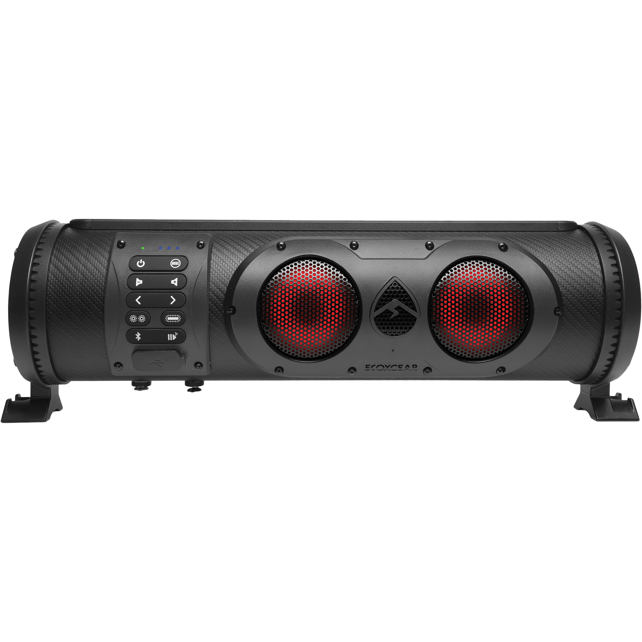 The Soundextreme 18 Soundbar by EcoXGear is a black portable Bluetooth 5.0 speaker with two red-lit circular speakers, side control buttons, sturdy side stands, and EcoCast for easy multi-speaker pairing.