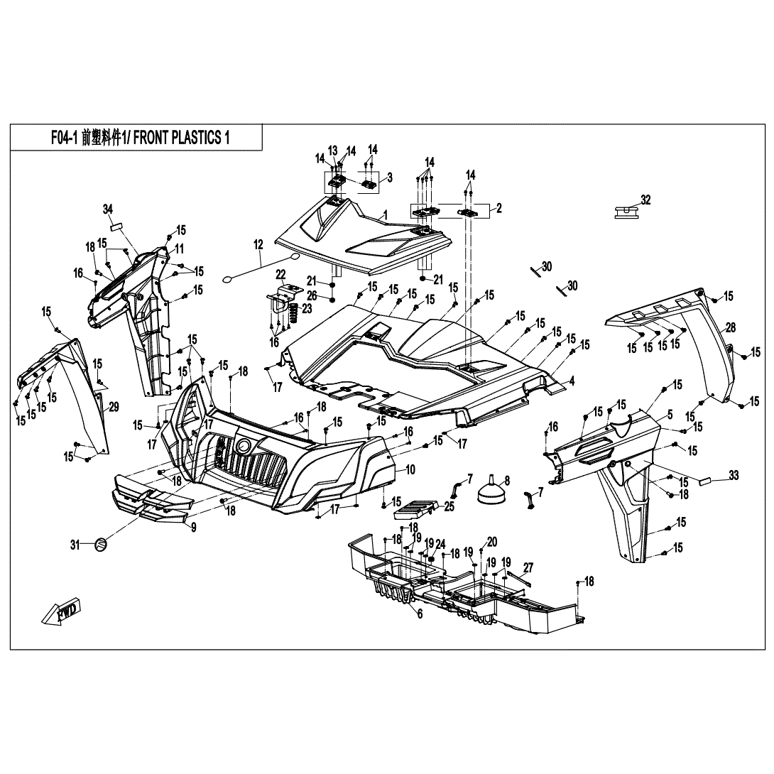 An Image of a Genuine CFMOTO Parts Schematic Diagram showing the schematic - FRONT PLASTIC - 2020 CFMOTO UFORCE 500