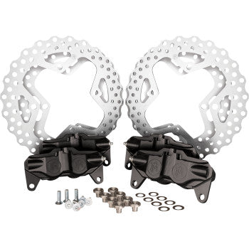 The Honda Talon Big Brake Kit by Pm Off-Road includes two oversized brake discs, matching black 4-piston calipers, screws, washers, and mounting hardware, all shown on a white background.