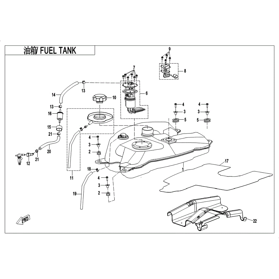 An Image of a genuine CFMOTO Parts Schematic Diagram showing the group - FUEL TANK - 2019 CFMOTO CFORCE 400