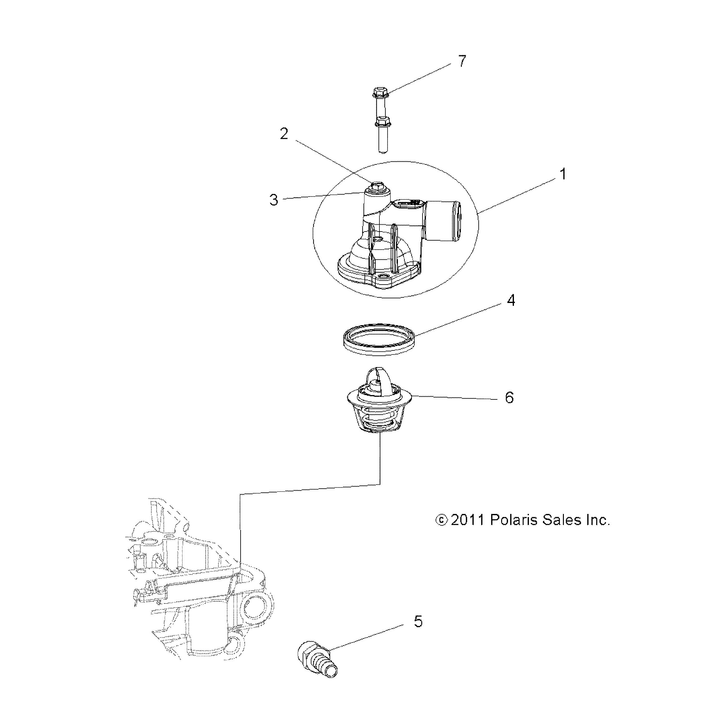 An Image of a Genuine Polaris Parts Schematic Diagram showing the schematic - ENGINE: THERMOSTAT and COVER - 2017 POLARIS SPORTSMAN 570 EFI HD