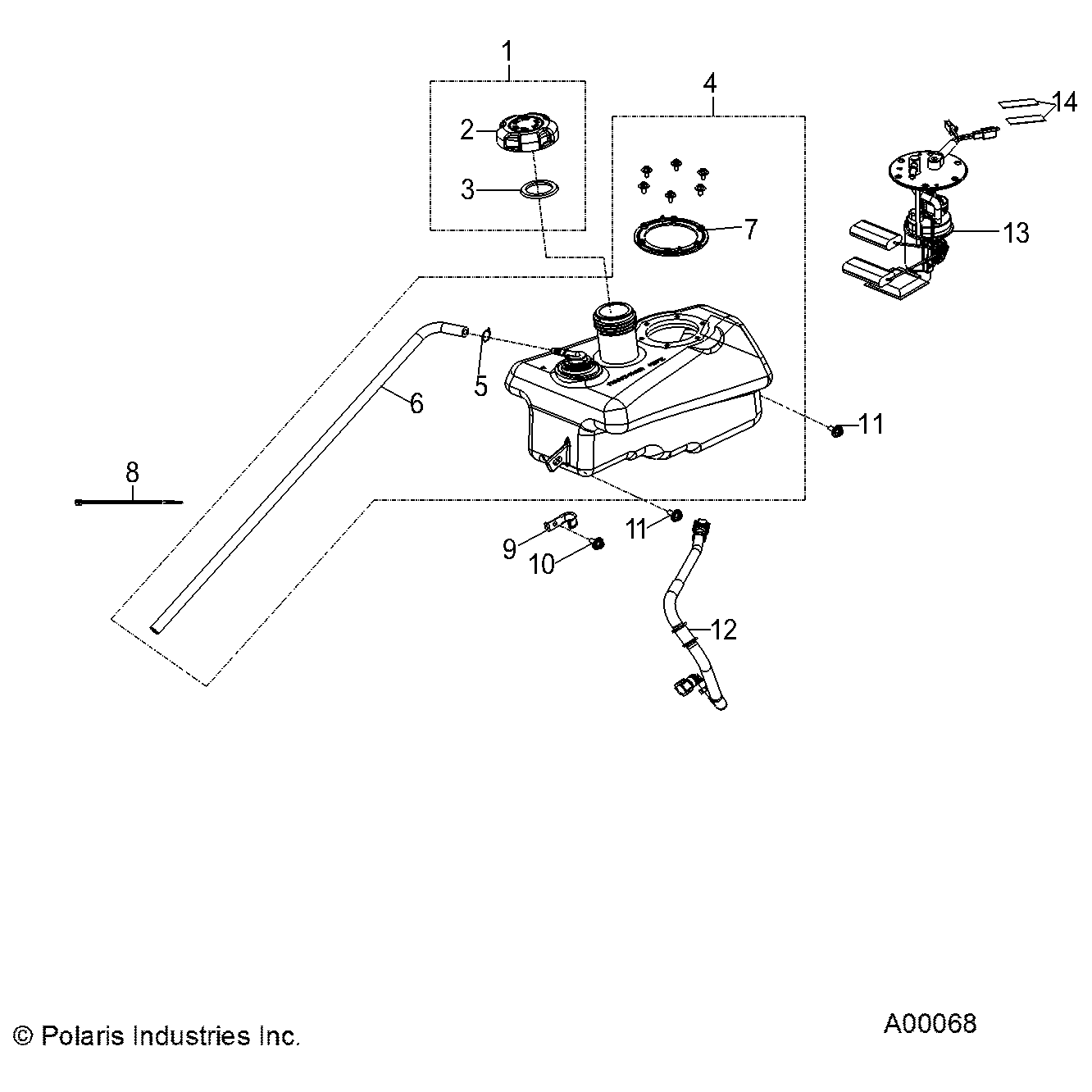 An Image of a Genuine Polaris Parts Schematic Diagram showing the schematic - BODY: FUEL TANK ASM. - 2023 POLARIS OUTLAW 110