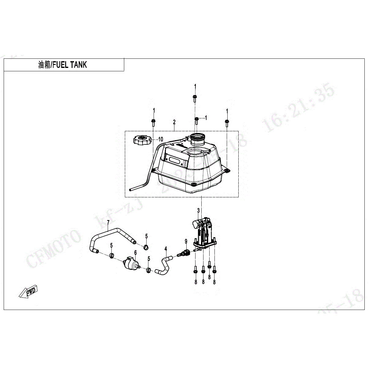 An Image of a genuine CFMOTO Parts Schematic Diagram showing the group - FUEL TANK - 2024 CFMOTO CFORCE 110