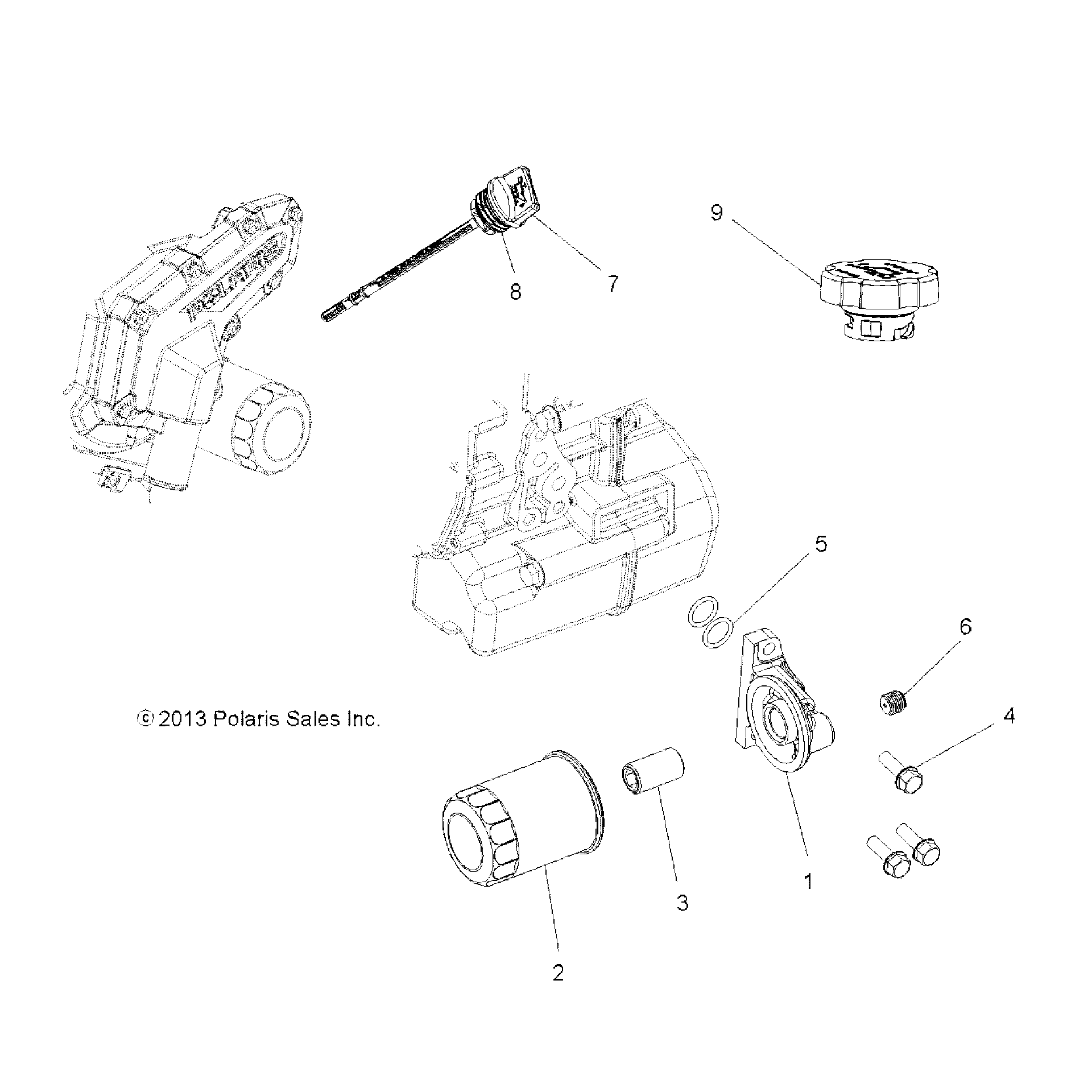 An Image of a Genuine Polaris Parts Schematic Diagram showing the schematic - ENGINE: OIL FILTER and DIPSTICK - 2015 POLARIS SPORTSMAN ACE 570 EFI