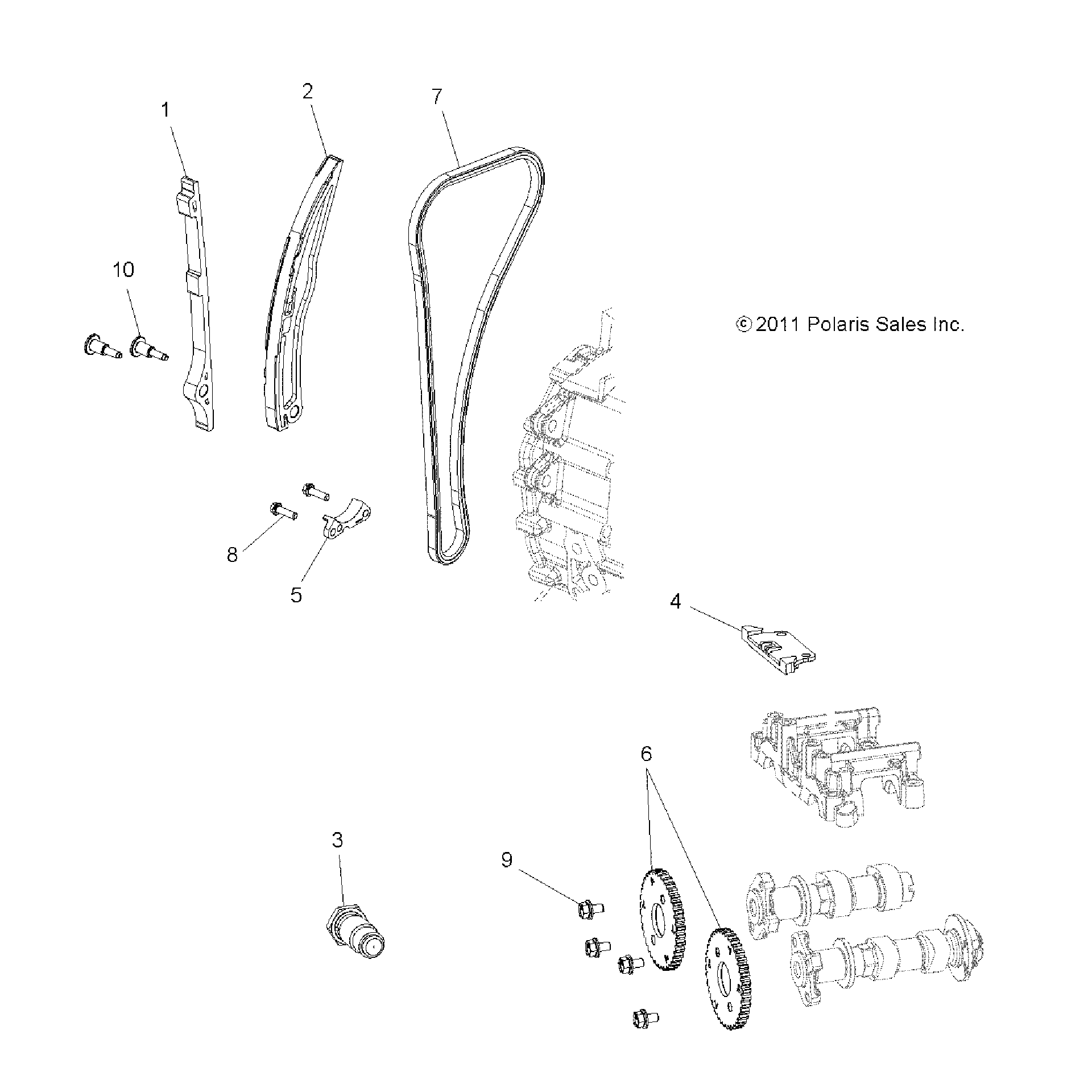 An Image of a Genuine Polaris Parts Schematic Diagram showing the schematic - ENGINE: CAM CHAIN and SPROCKET - 2019 POLARIS SPORTSMAN TOURING 570 EFI/EPS