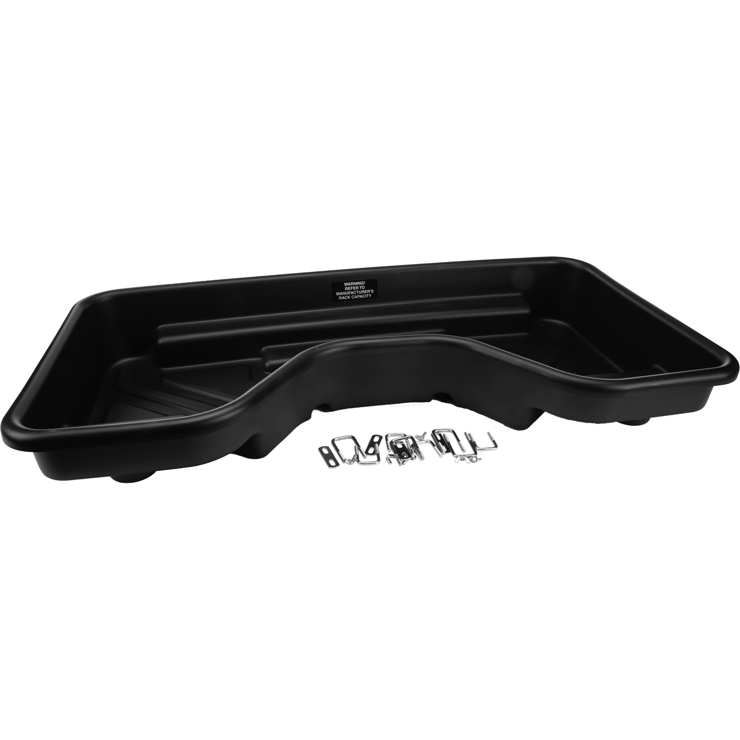The Cargo Basket Base Large by Open Trail is a black plastic under seat storage organizer tray, shown with included metal mounting hardware.