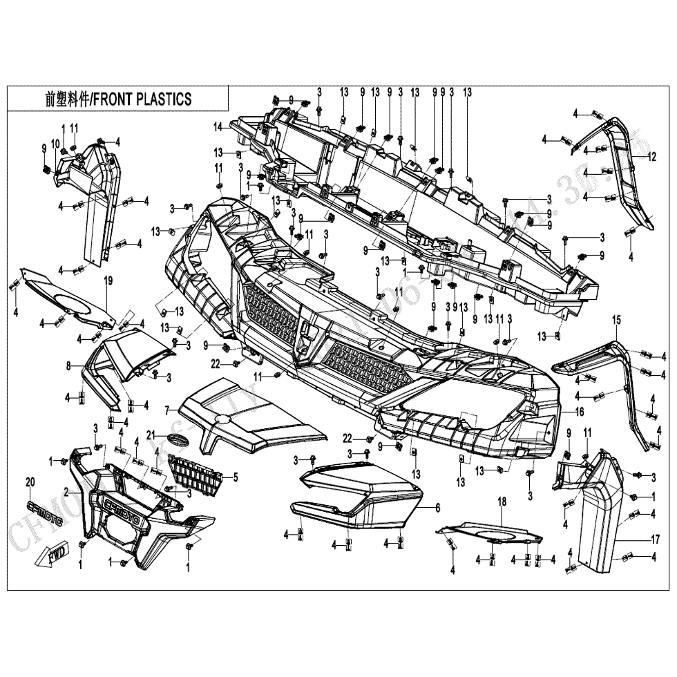 An Image of a Genuine CFMOTO Parts Schematic Diagram showing the schematic - FRONT PLASTICS - 2022 CFMOTO UFORCE 1000