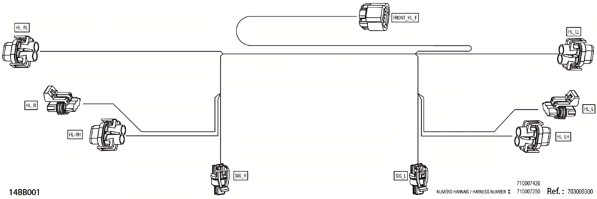 An Image of a Genuine Can-Am Parts Schematic Diagram showing the schematic - ELECTRIC - FRONT WIRING HARNESS - 710007250
