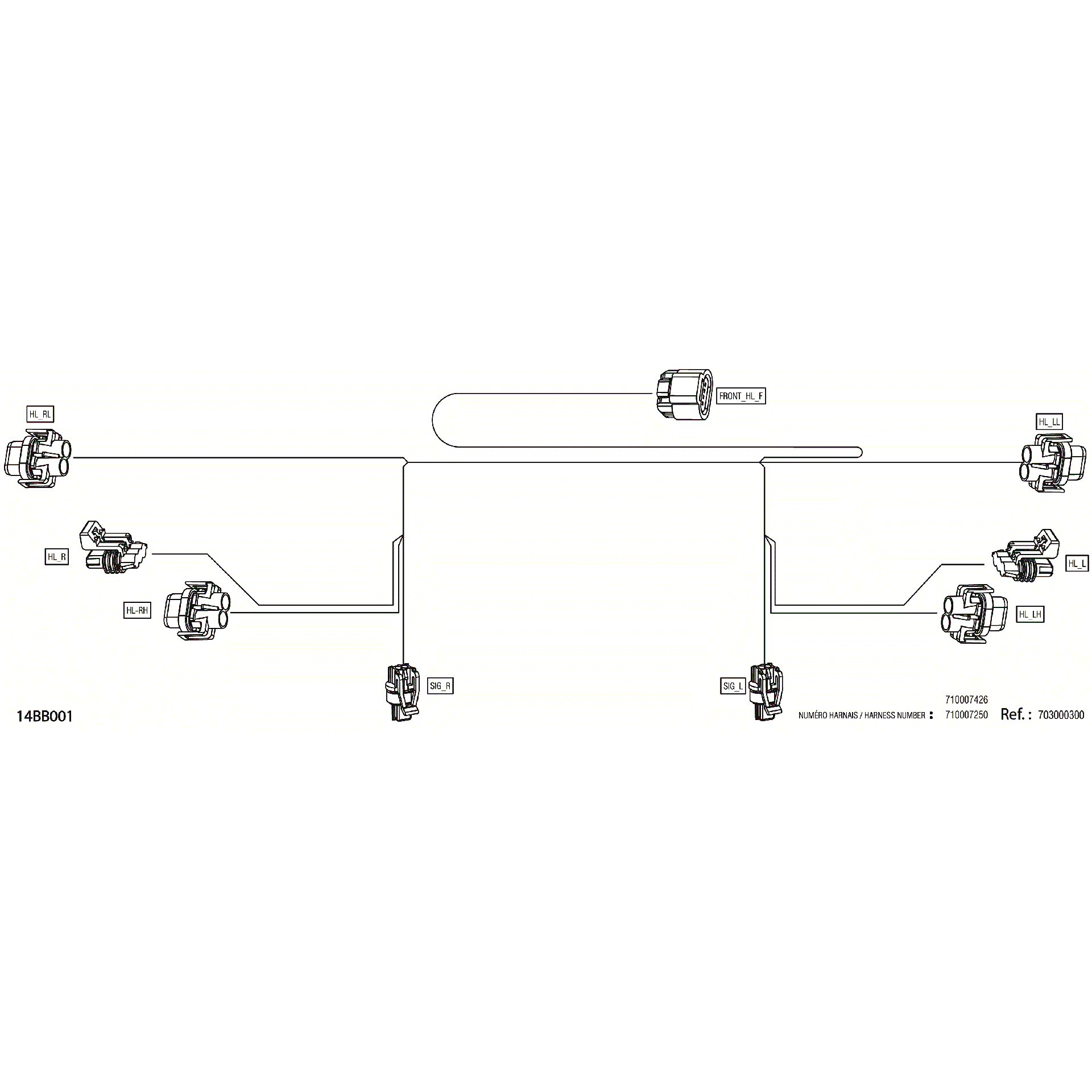 An Image of a Genuine Can-Am Parts Schematic Diagram showing the schematic - ELECTRIC - FRONT WIRING HARNESS - 710007250