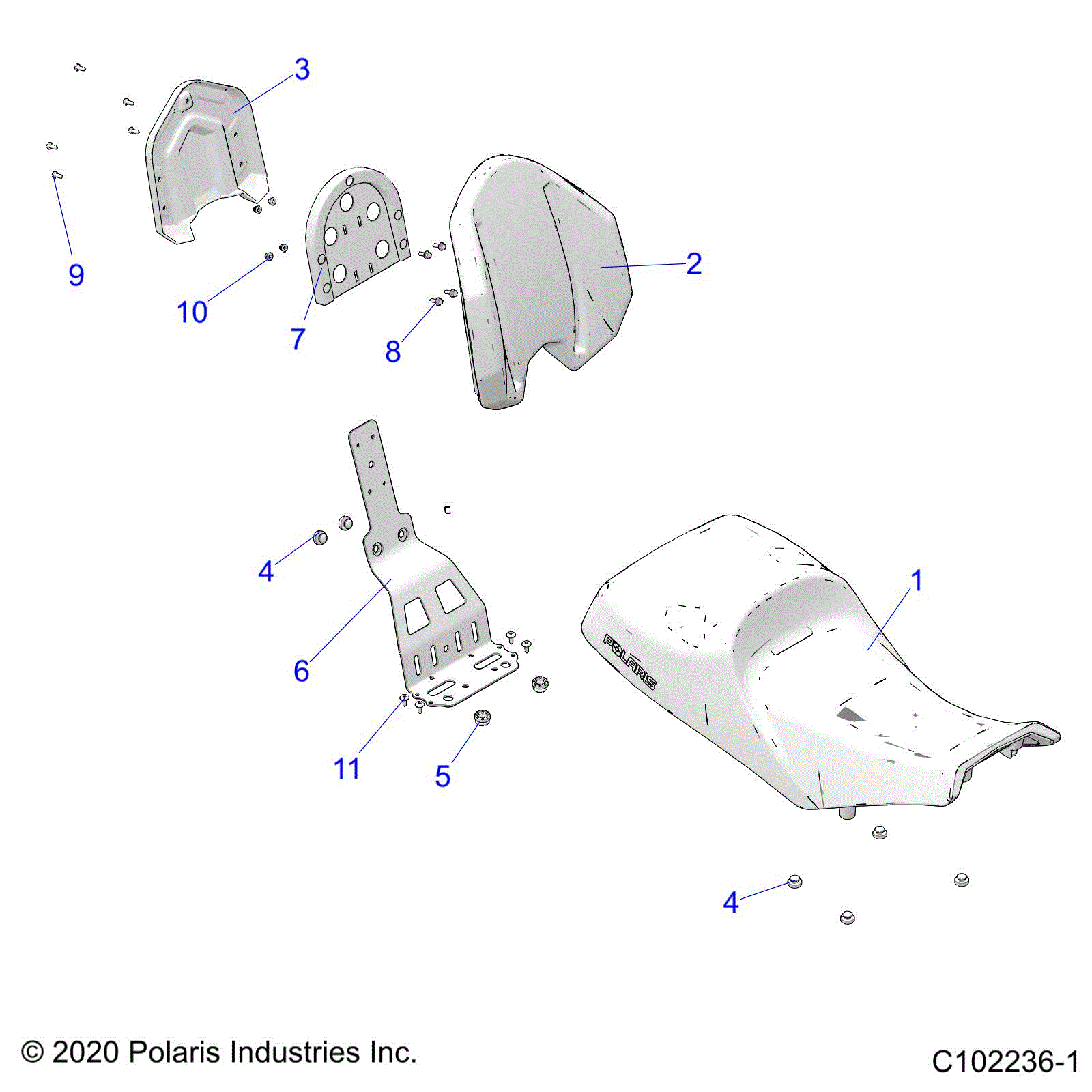 An Image of a Genuine Polaris Parts Schematic Diagram showing the schematic - BODY: SEAT - 2021 POLARIS SPORTSMAN TOURING 570 EPS