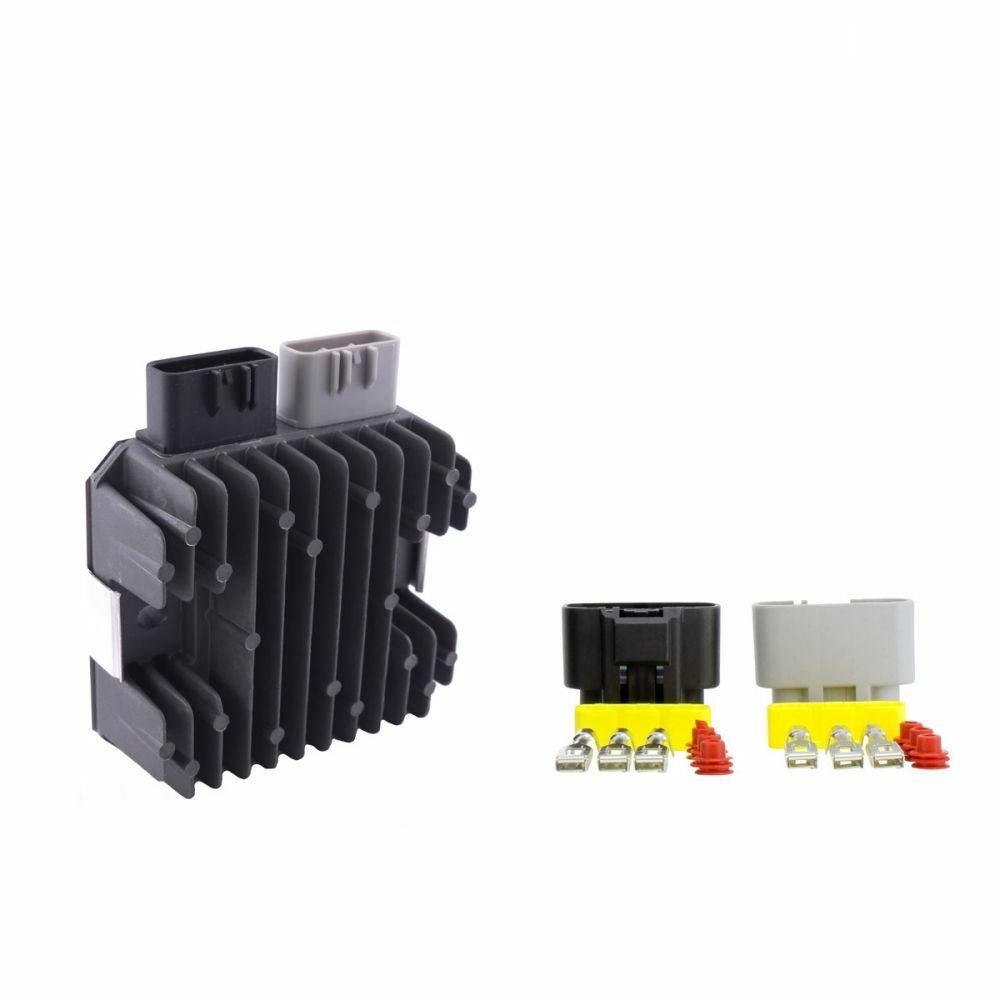 Black ribbed rectangular offroad motorcycle regulator with two plug connectors, plus two yellow and black connector clips.