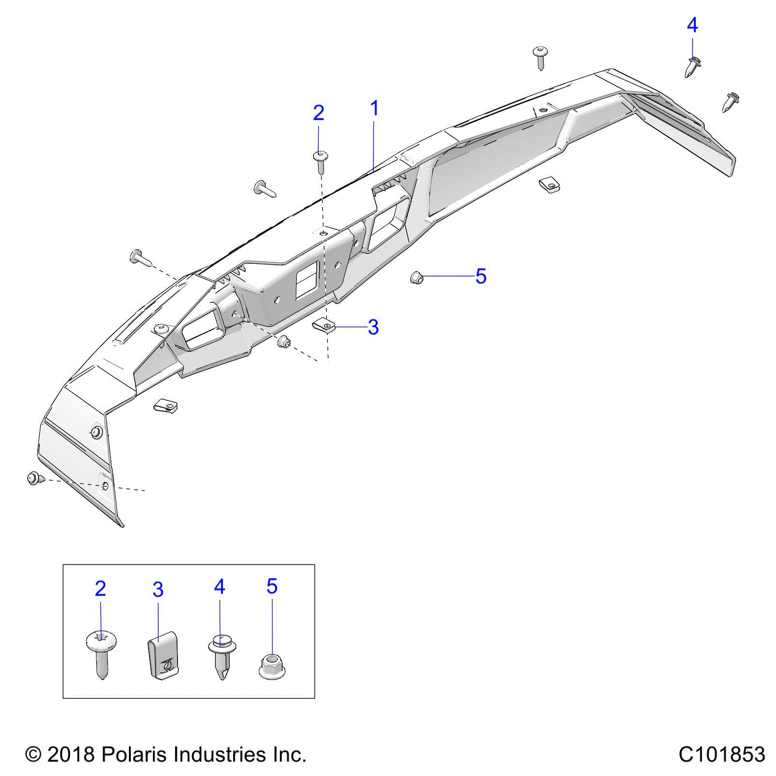 An Image of a Genuine Polaris Parts Schematic Diagram showing the schematic - BODY: BUMPER REAR - 2021 POLARIS ACE 150 EFI
