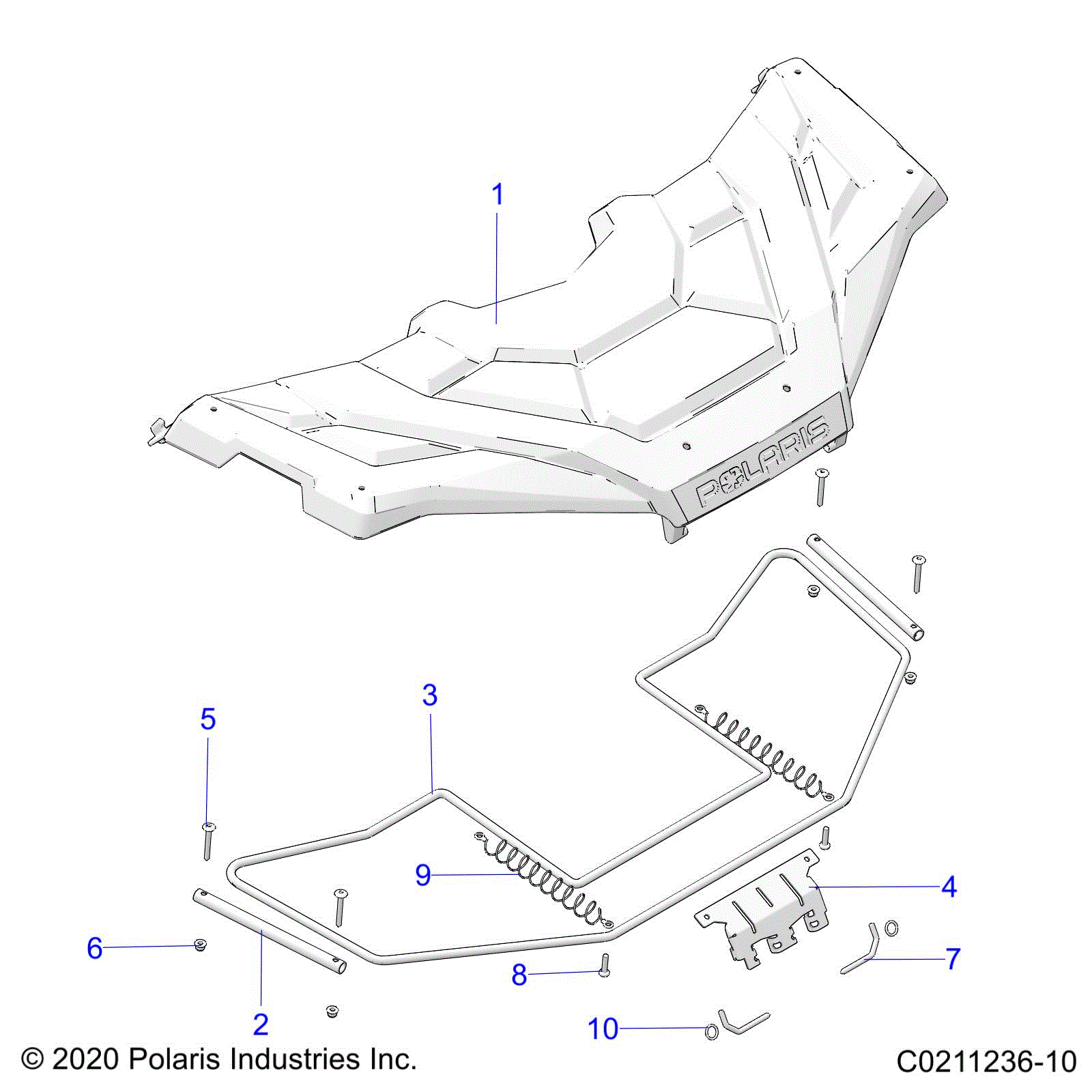 An Image of a Genuine Polaris Parts Schematic Diagram showing the schematic - BODY: FRONT STORAGE COVER - 2021 POLARIS SPORTSMAN 570 UTILITY EPS
