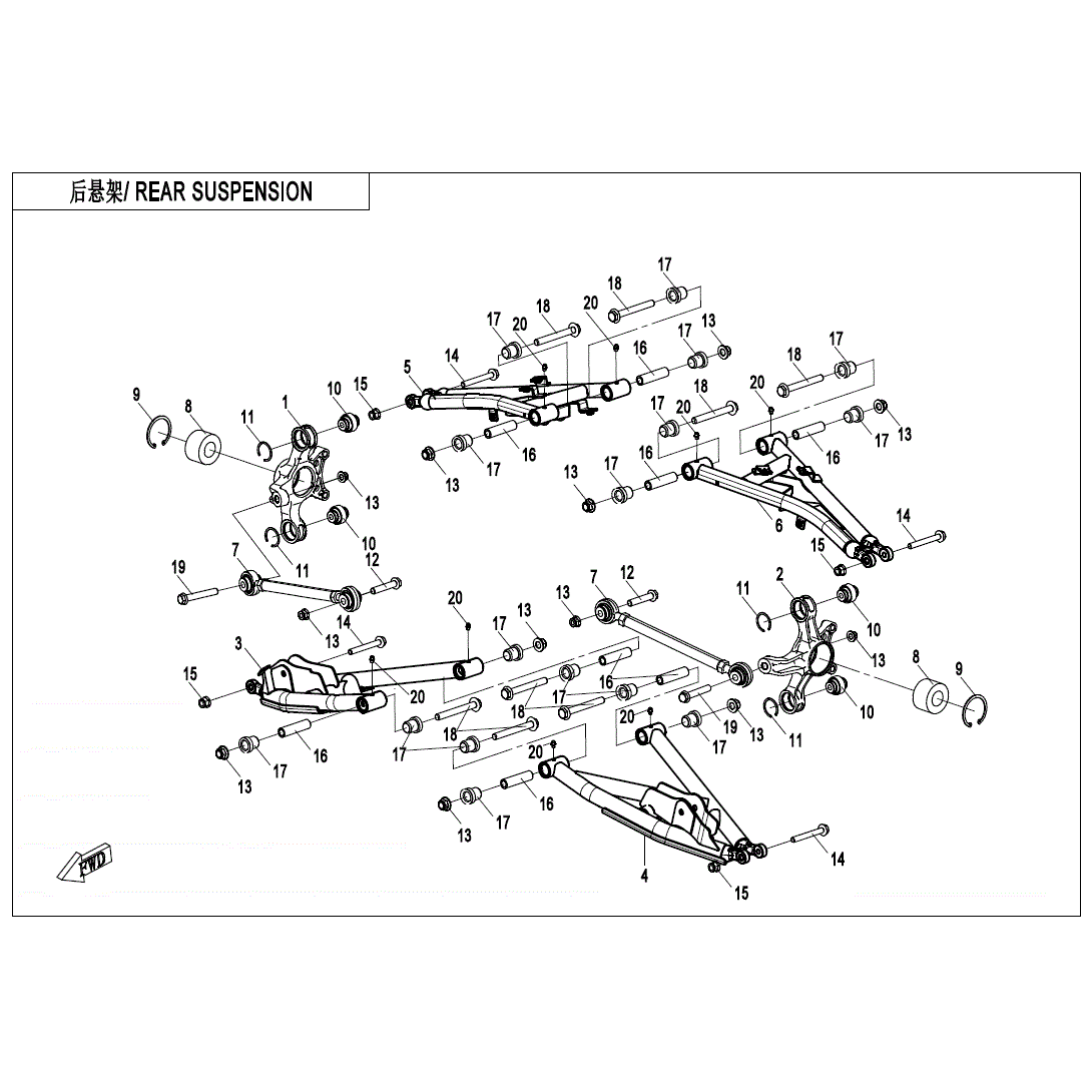 An Image of a Genuine CFMOTO Parts Schematic Diagram showing the schematic - REAR SUSPENSION - 2024 CFMOTO ZFORCE 950 Sport