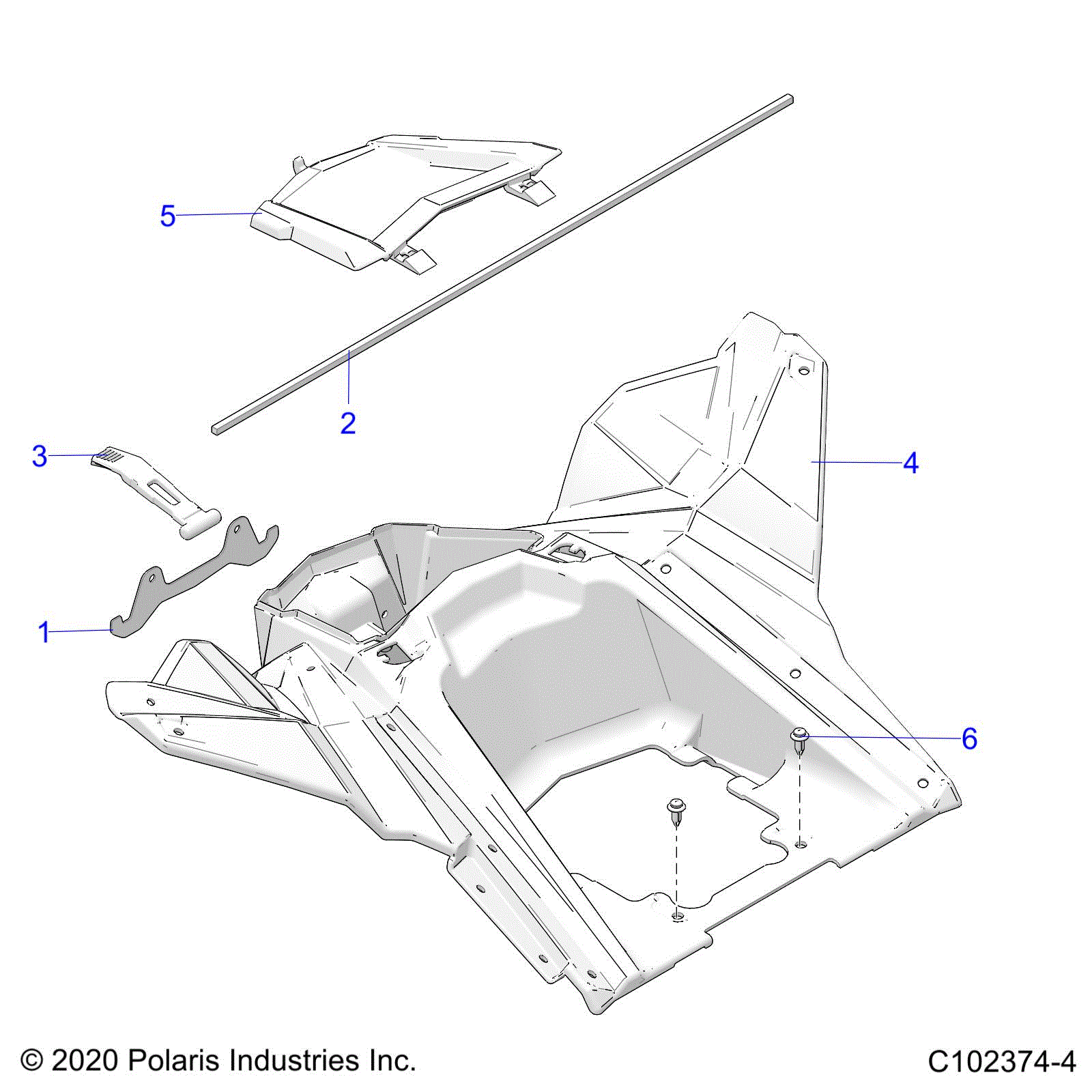 An Image of a Genuine Polaris Parts Schematic Diagram showing the schematic - BODY: STORAGE REAR - 2020 POLARIS SCRAMBLER 850 48"