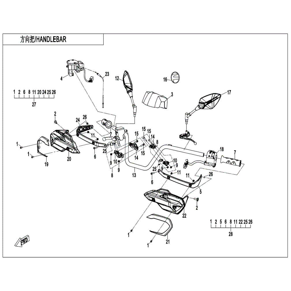 An Image of a genuine CFMOTO Parts Schematic Diagram showing the group - HANDLEBAR - 2022 CFMOTO CFORCE 800 XC