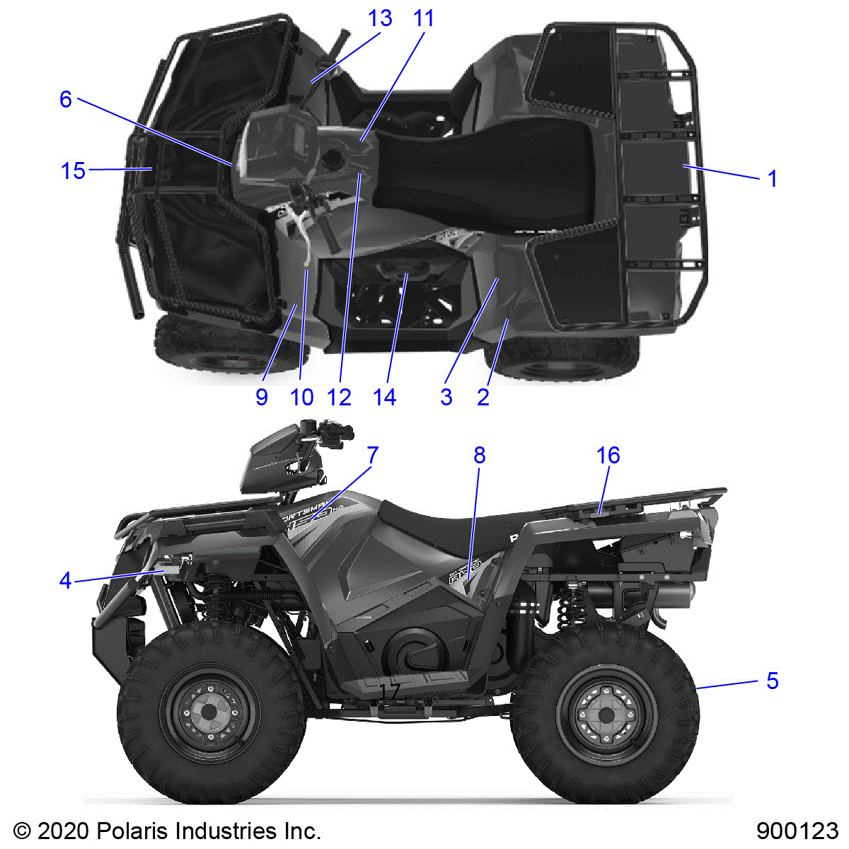 An Image of a Genuine Polaris Parts Schematic Diagram showing the schematic - BODY: DECALS - 2020 POLARIS SPORTSMAN 450 HO UTILITY