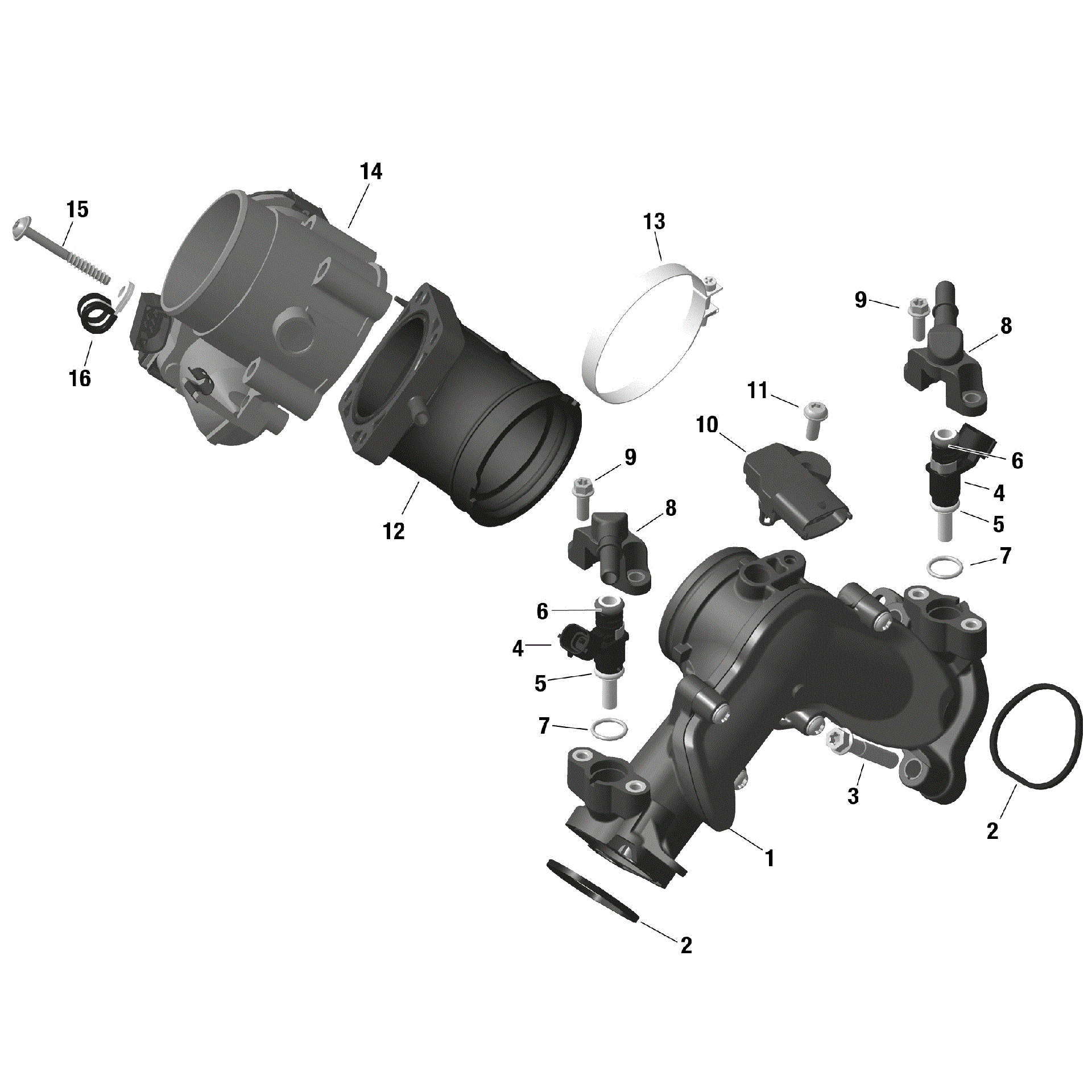 An Image of a Genuine Can-Am Parts Schematic Diagram showing the schematic - ROTAX - AIR INTAKE MANIFOLD AND THROTTLE BODY