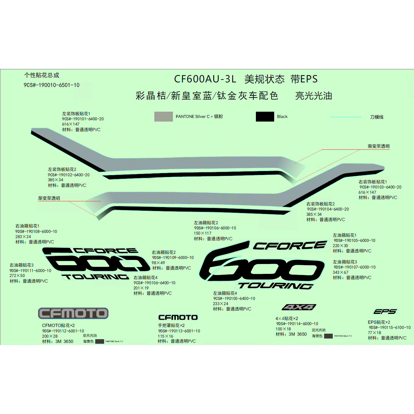 An Image of a genuine CFMOTO Parts Schematic Diagram showing the group - DECAL KITS (NA - 2020 CFMOTO CFORCE 600 Touring