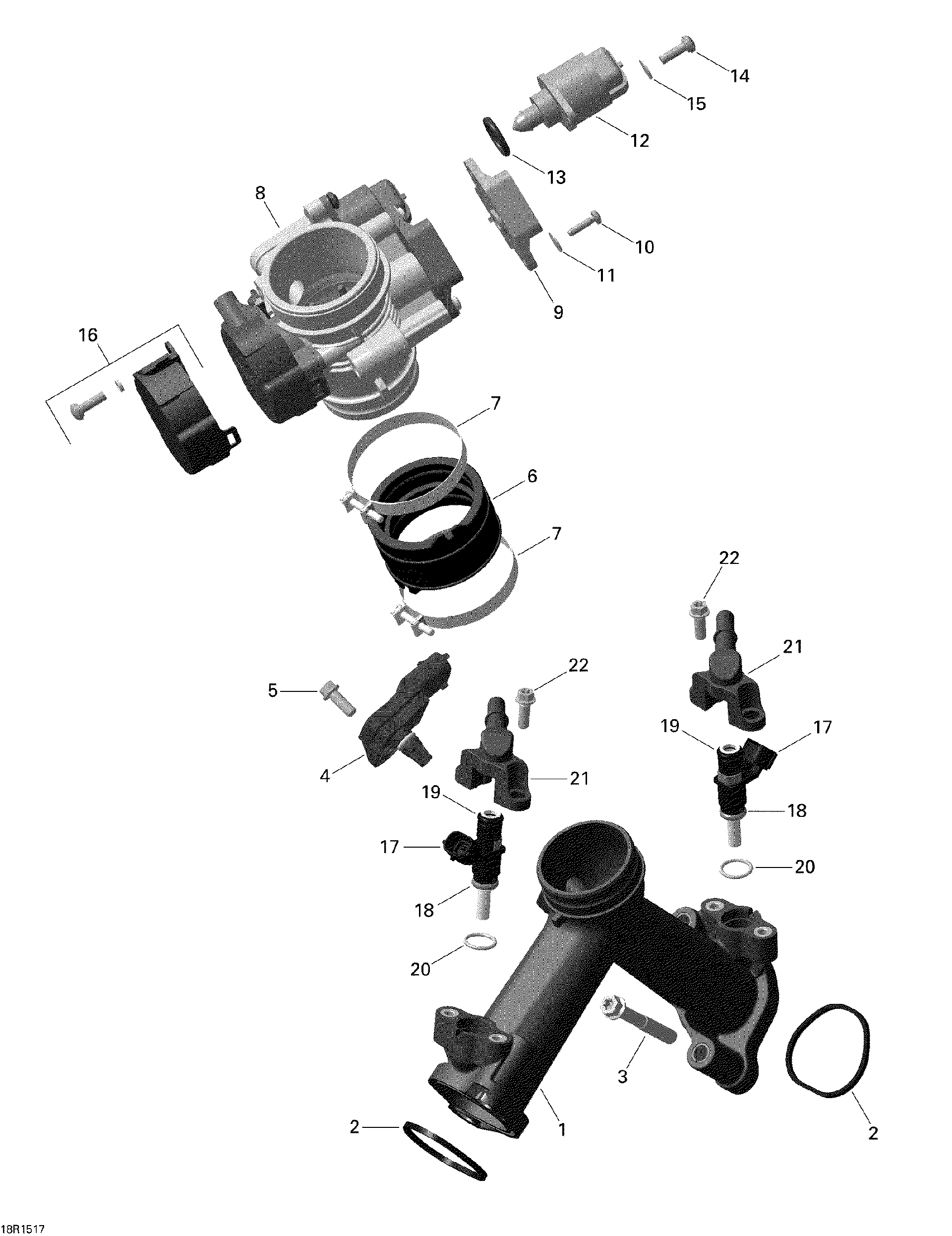 An Image of a Genuine Can-Am Parts Schematic Diagram showing the schematic - AIR INTAKE MANIFOLD AND THROTTLE BODY _18R1517