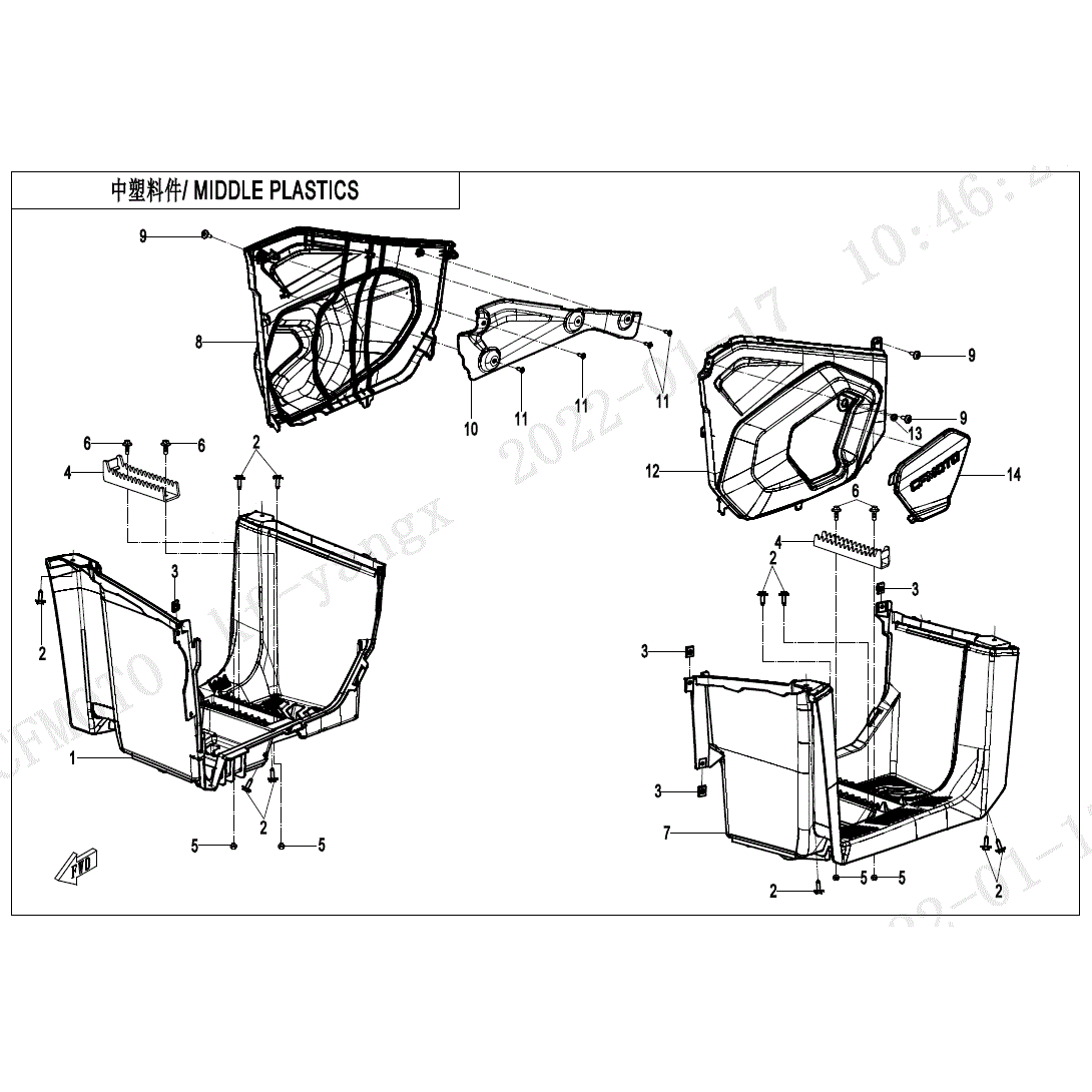 An Image of a genuine CFMOTO Parts Schematic Diagram showing the group - MIDDLE PLASTICS - 2022 CFMOTO CFORCE 400