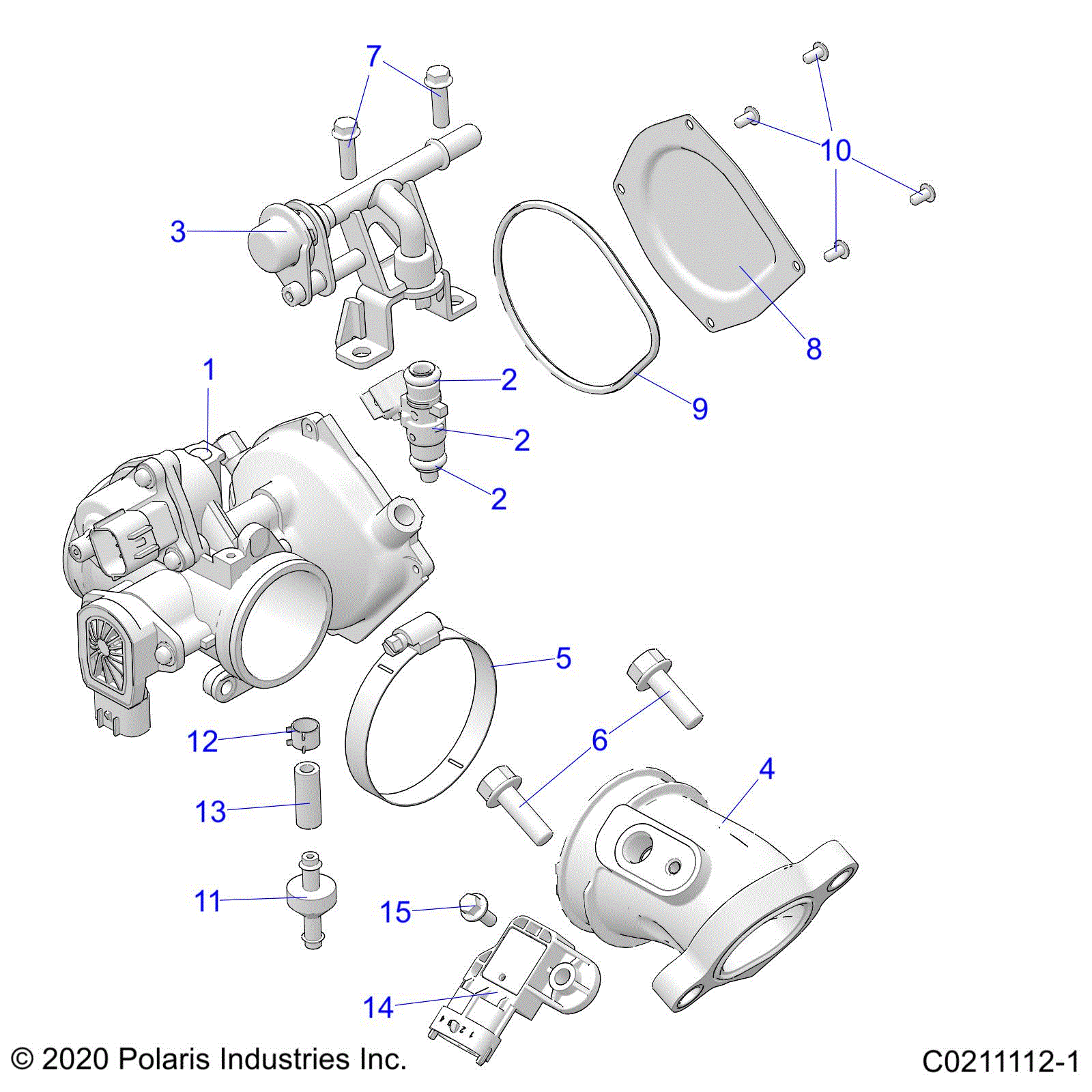 An Image of a Genuine Polaris Parts Schematic Diagram showing the schematic - ENGINE: THROTTLE BODY and FUEL RAIL - 2024 POLARIS SPORTSMAN 570 6X6