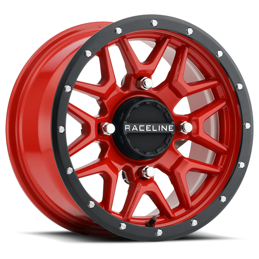 The ATV / UTV Krank Wheel 14x7 4/110 by Raceline features a black rim, red beadlock, silver bolts, and a black center cap with white RACELINE lettering. Its bold, angular spoke design is ideal for ATV or UTV wheels.