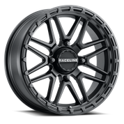 The Raceline ATV / UTV Krank XL Wheel 22x7 4/156 3.5+3.5 (0mm) in matte black features a bold, multi-spoke design and central logo—ideal for upgrading your ATV or UTV. Shown angled on a white background.