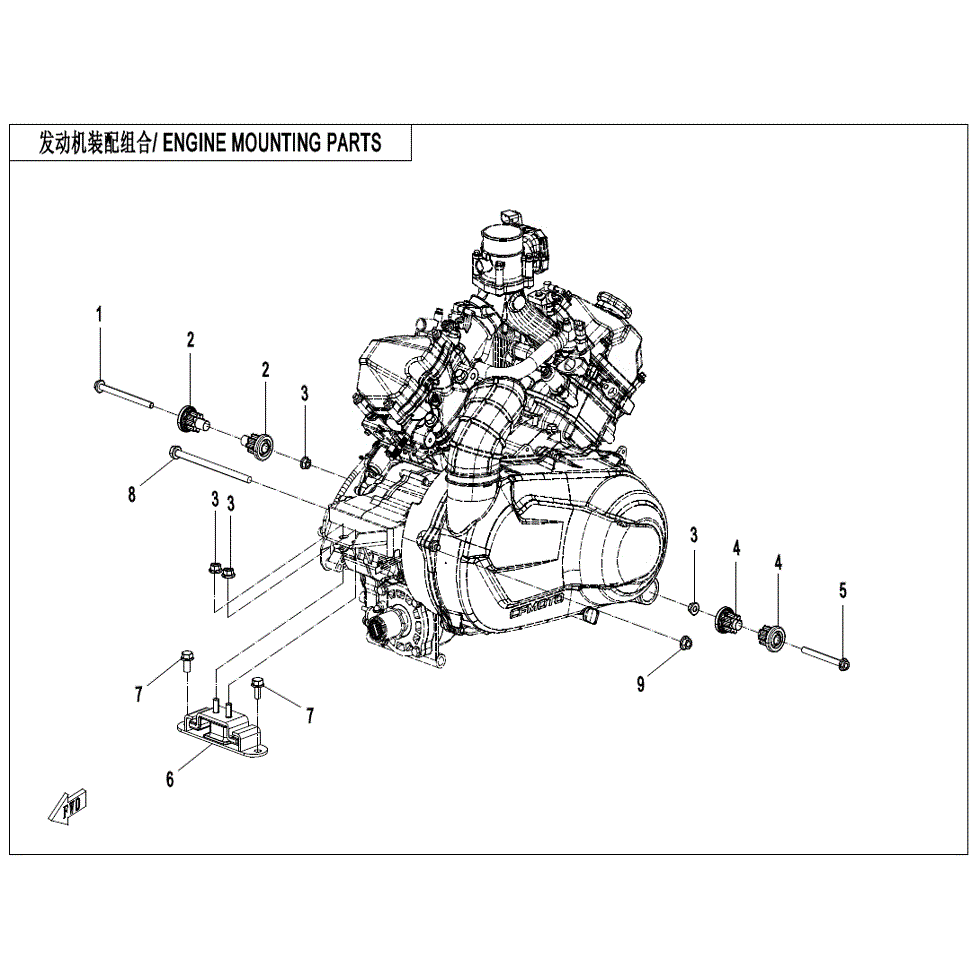 An Image of a Genuine CFMOTO Parts Schematic Diagram showing the schematic - ENGINE MOUNTING PARTS - 2022 CFMOTO ZFORCE 950 HO Sport