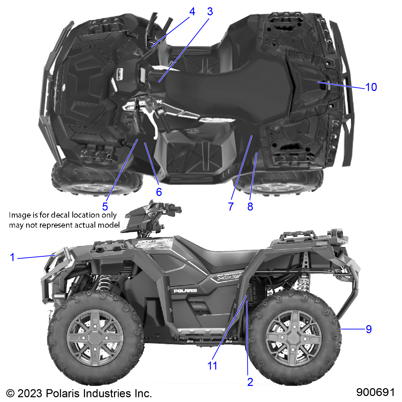 An Image of a Genuine Polaris Parts Schematic Diagram showing the schematic - BODY: DECALS STANDARD - 2024 POLARIS SPORTSMAN 850 EPS 48"