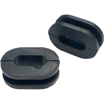 Two black, oval rubber grommets from K&S Technologies (2 Pack) feature a central rectangular hole and edge groove—ideal as OEM replacement cushions. Shown on a plain white background.
